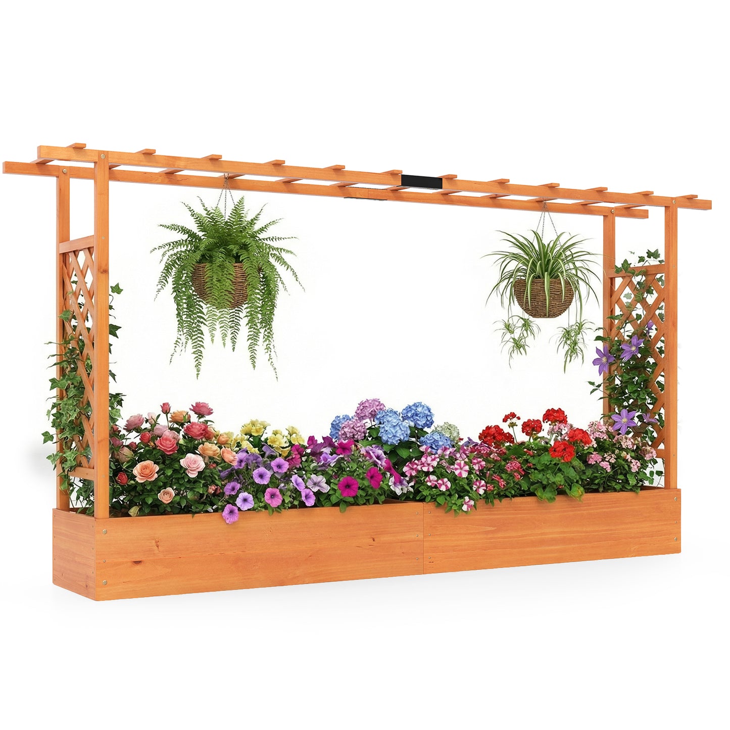 Patiojoy Raised Garden Bed with Flat Roof & Side Trellis  Fir Wood Planter Box with Drainage Holes Natural/Orange