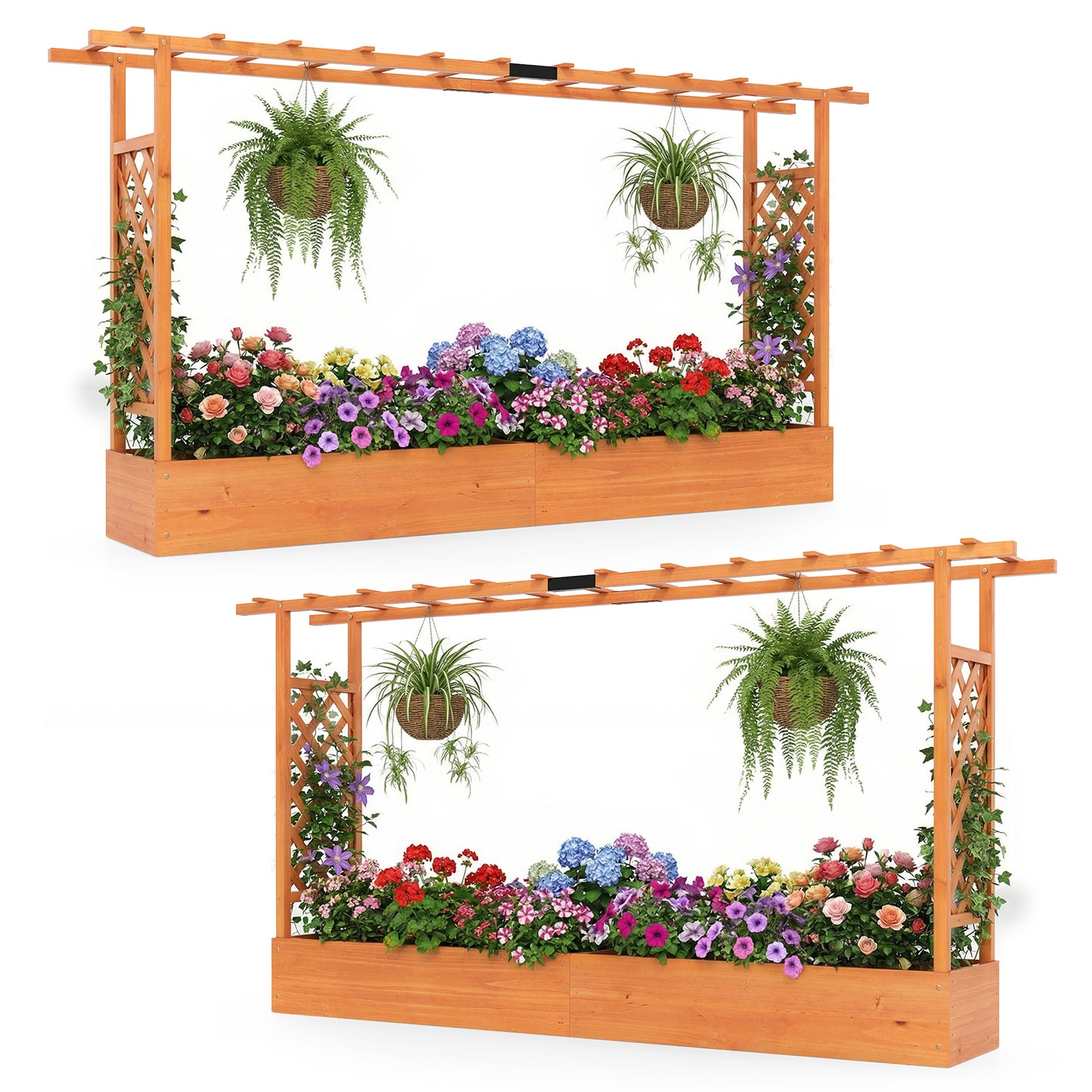 Patiojoy Raised Garden Bed with Flat Roof & Side Trellis  Fir Wood Planter Box with Drainage Holes Natural/Orange
