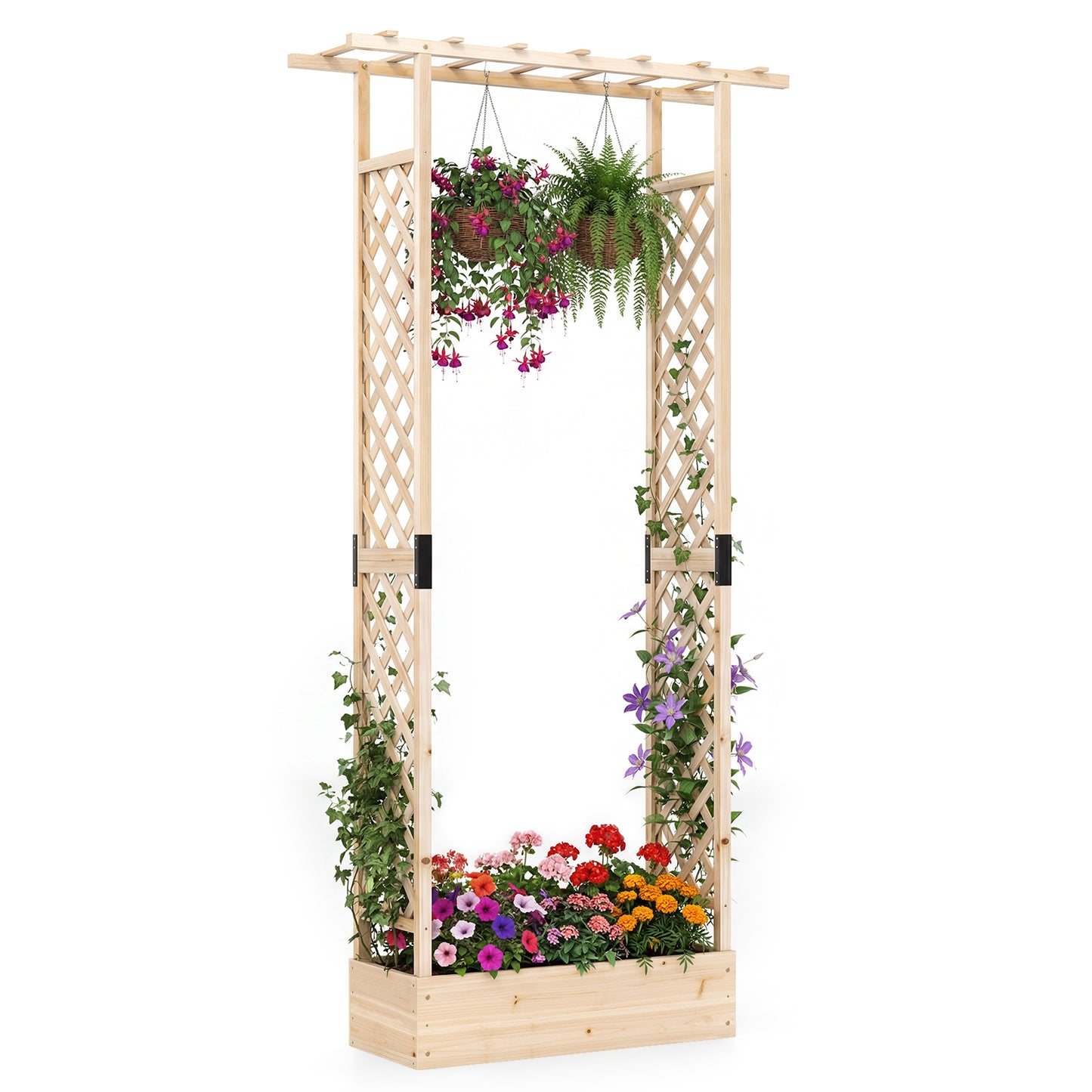 Patiojoy Raised Garden Bed with Flat Roof & Side Trellis  Fir Wood Planter Box with Drainage Holes Natural/Orange