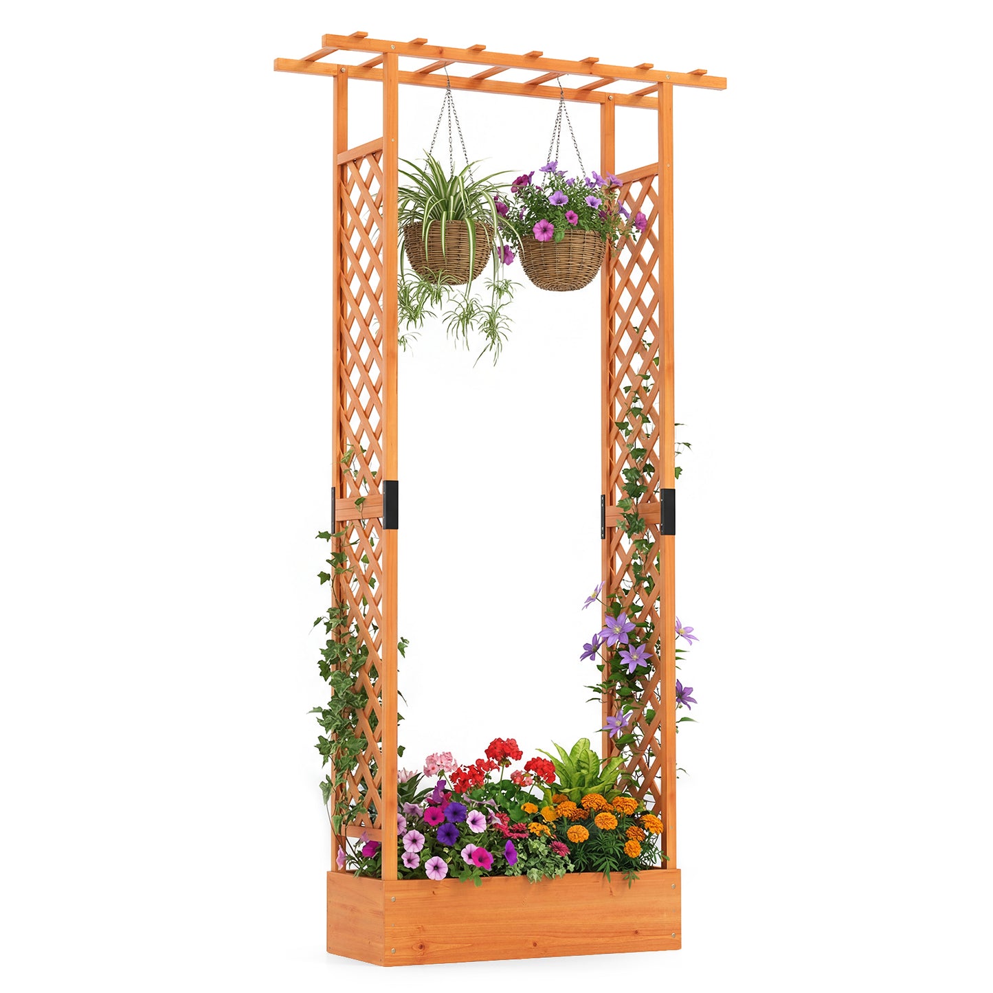 Patiojoy Raised Garden Bed with Flat Roof & Side Trellis  Fir Wood Planter Box with Drainage Holes Natural/Orange