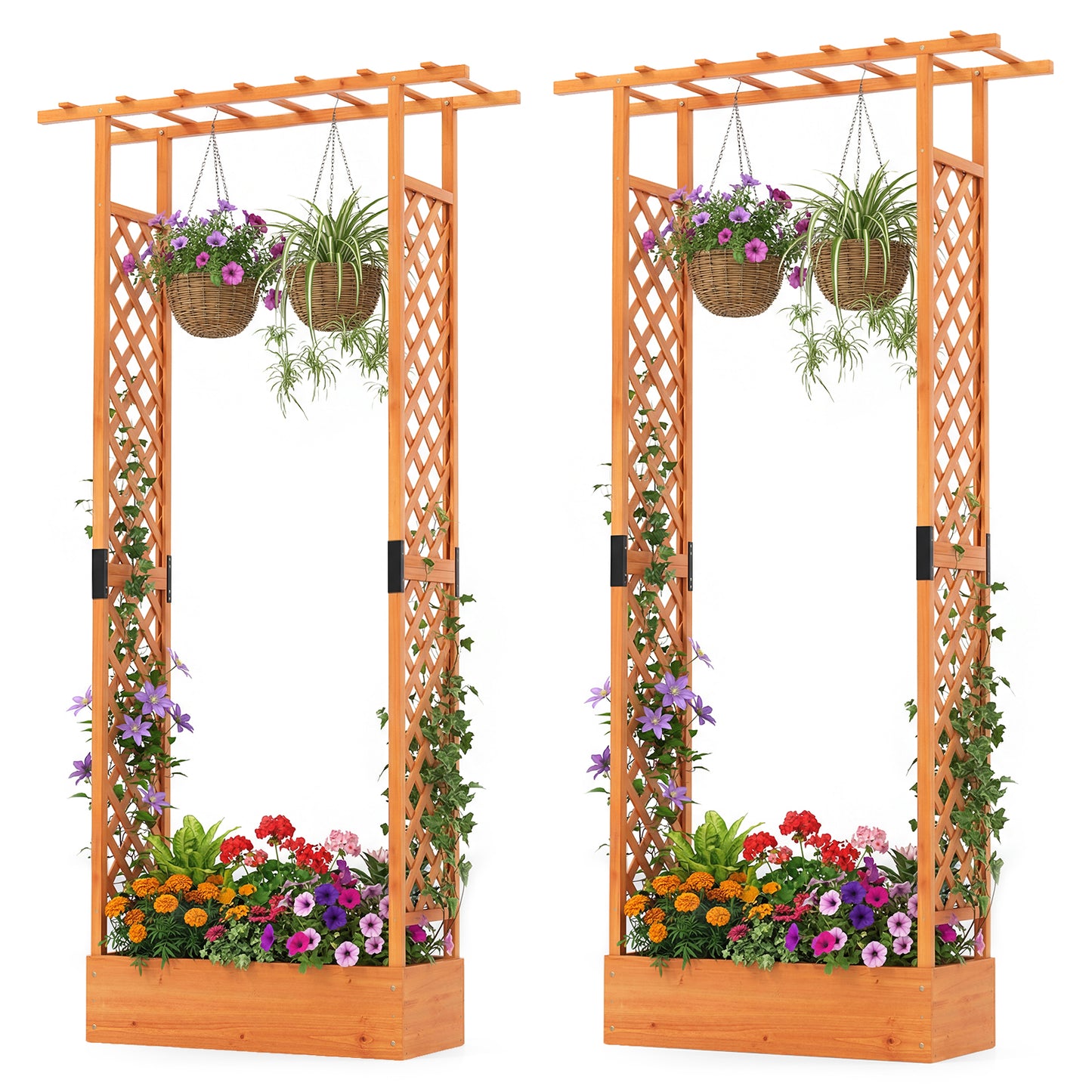 Patiojoy Raised Garden Bed with Flat Roof & Side Trellis  Fir Wood Planter Box with Drainage Holes Natural/Orange
