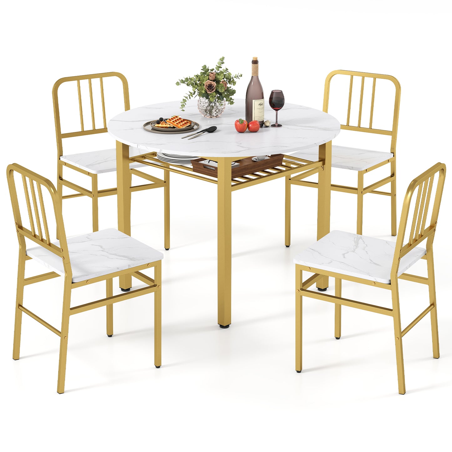 Patiojoy 5 Piece Dining Table Set Round Kitchen Table & 4 Chairs Modern Space-saving Dinette Furniture White/Gray/Brown