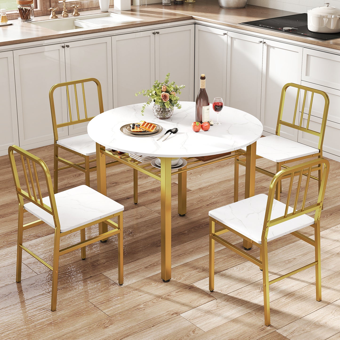 Patiojoy 5 Piece Dining Table Set Round Kitchen Table & 4 Chairs Modern Space-saving Dinette Furniture White/Gray/Brown