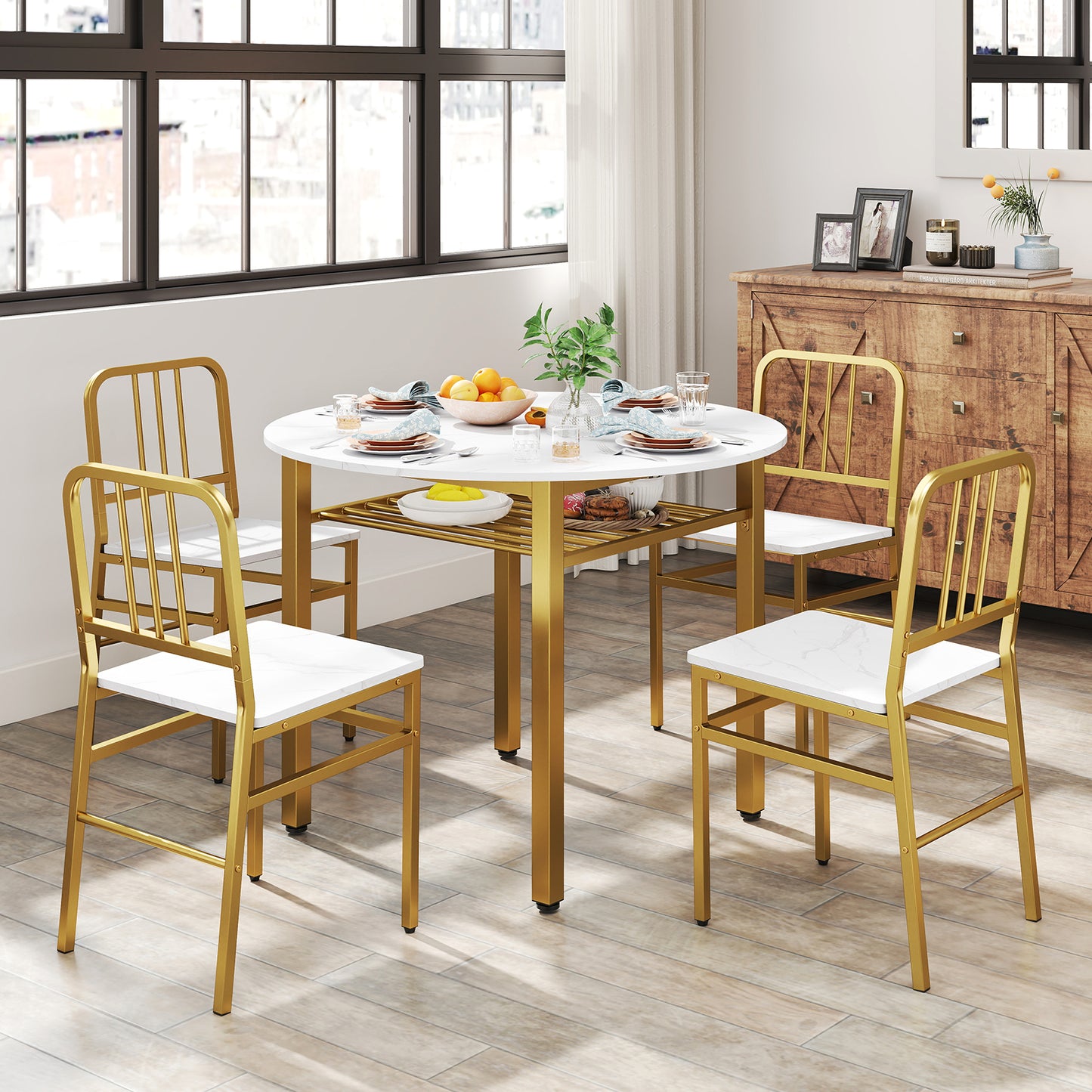 Patiojoy 5 Piece Dining Table Set Round Kitchen Table & 4 Chairs Modern Space-saving Dinette Furniture White/Gray/Brown
