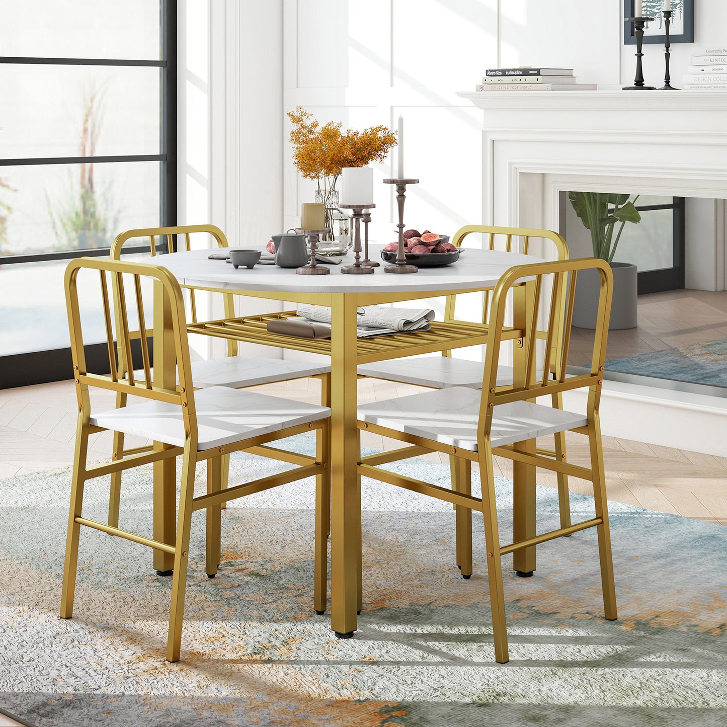 Patiojoy 5 Piece Dining Table Set Round Kitchen Table & 4 Chairs Modern Space-saving Dinette Furniture White/Gray/Brown