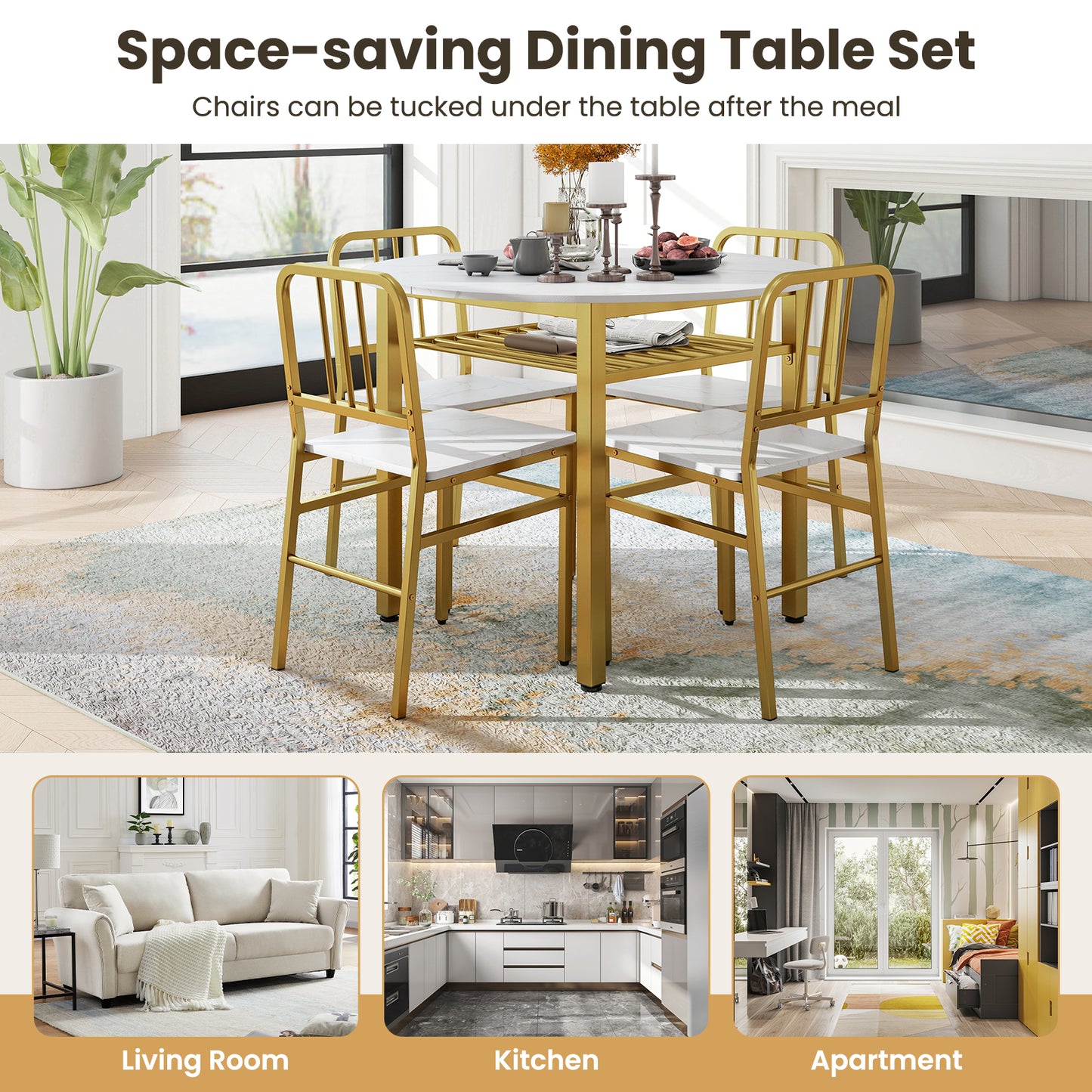 Patiojoy 5 Piece Dining Table Set Round Kitchen Table & 4 Chairs Modern Space-saving Dinette Furniture White/Gray/Brown