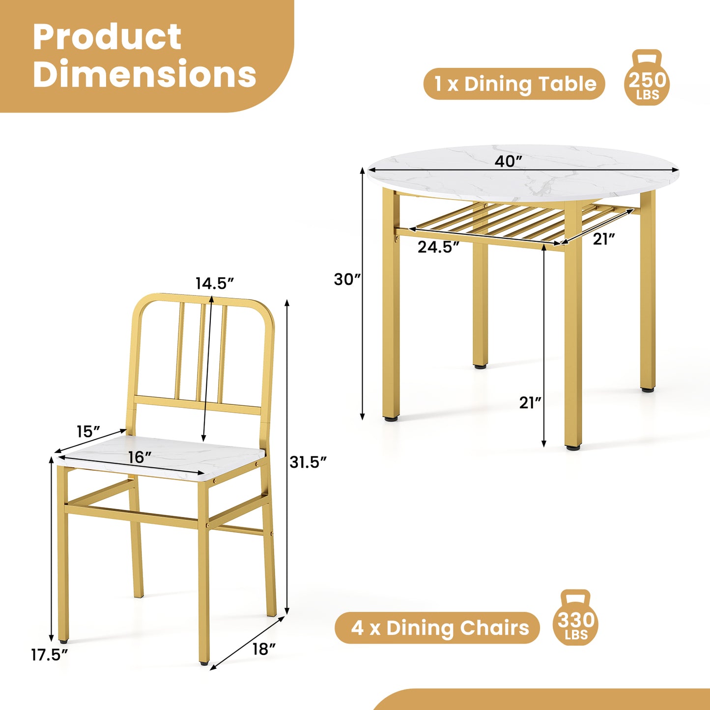Patiojoy 5 Piece Dining Table Set Round Kitchen Table & 4 Chairs Modern Space-saving Dinette Furniture White/Gray/Brown