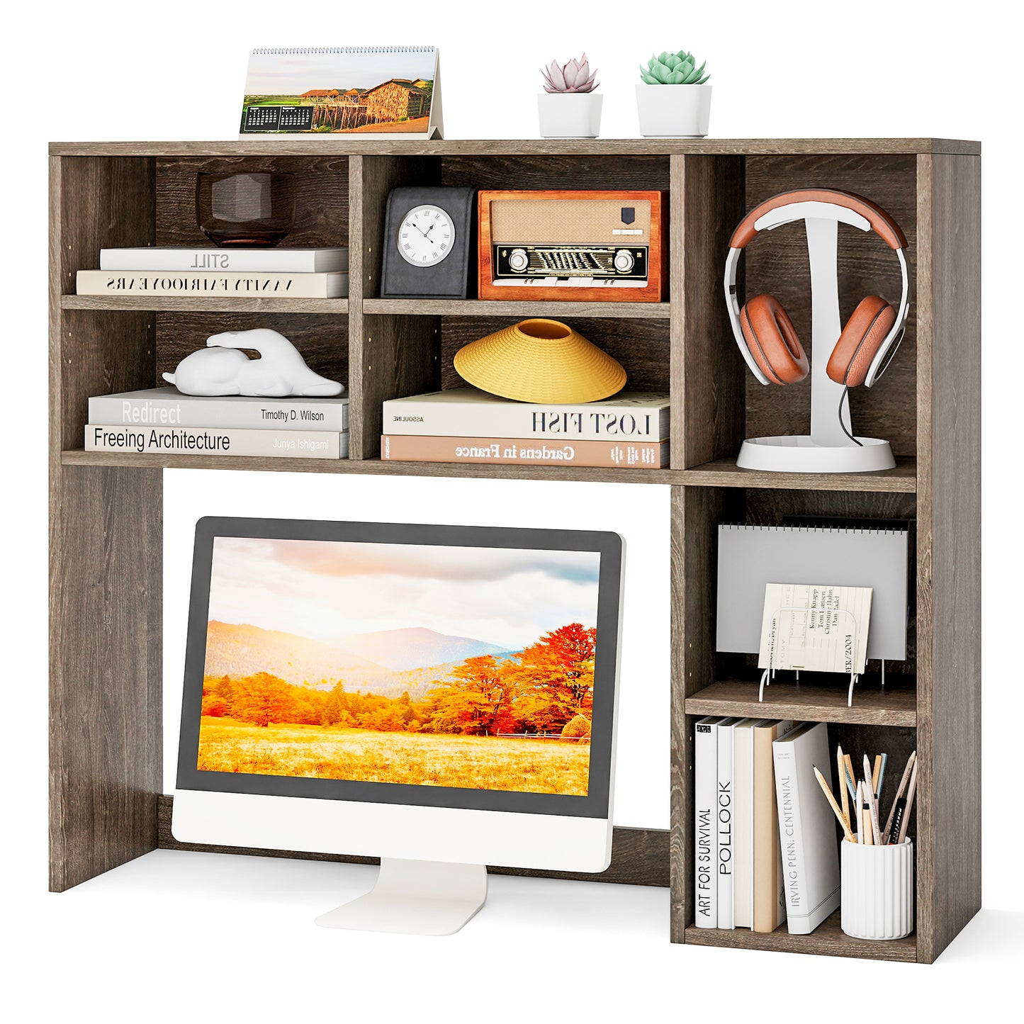 Topbuy Desktop Bookshelf 37" Countertop Storage Hutch with 7 Cubes & 3 Adjustable Shelves 3-Tier Desk Display Rack Organizer Desktop Hutch Brown/Natural/White/Oak