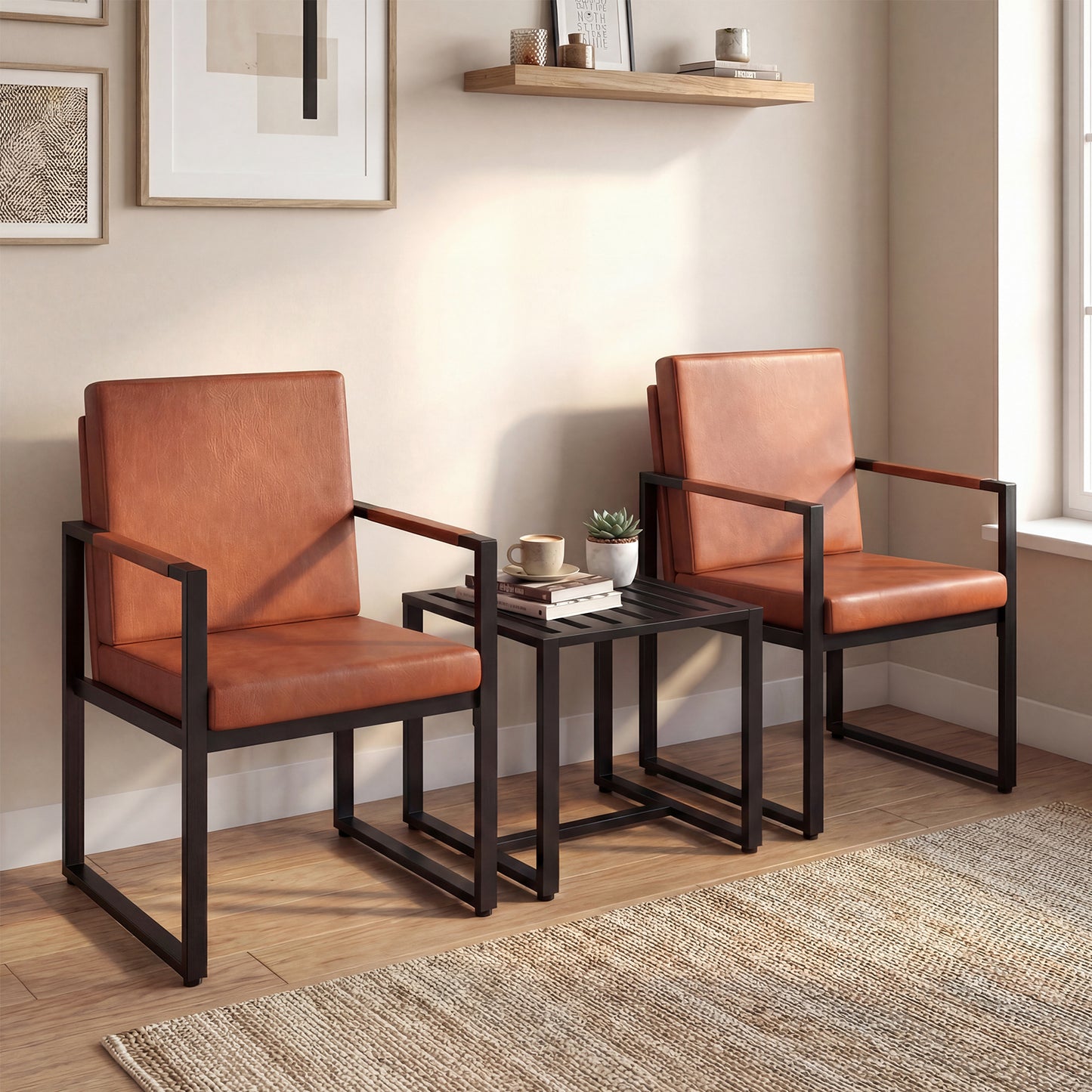 Patiojoy Accent Chair Set of 2 Mid Century Modern Single Sofa Chairs with PU upholstered Cushions Brown