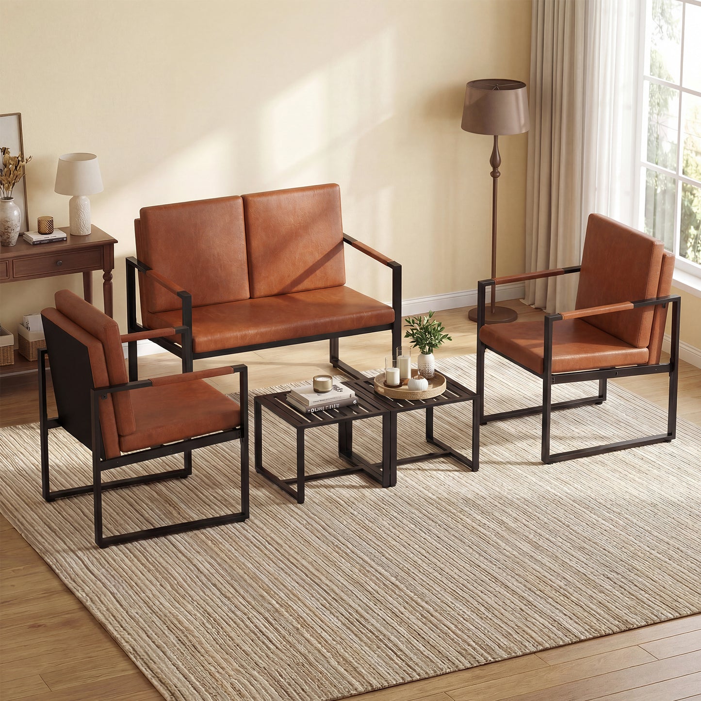 Patiojoy Accent Chair Set of 2 Mid Century Modern Single Sofa Chairs with PU upholstered Cushions Brown