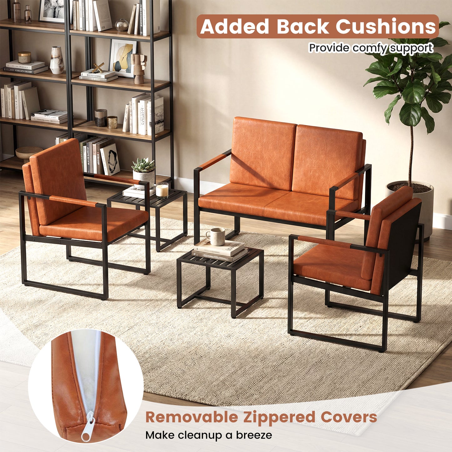Patiojoy Accent Chair Set of 2 Mid Century Modern Single Sofa Chairs with PU upholstered Cushions Brown