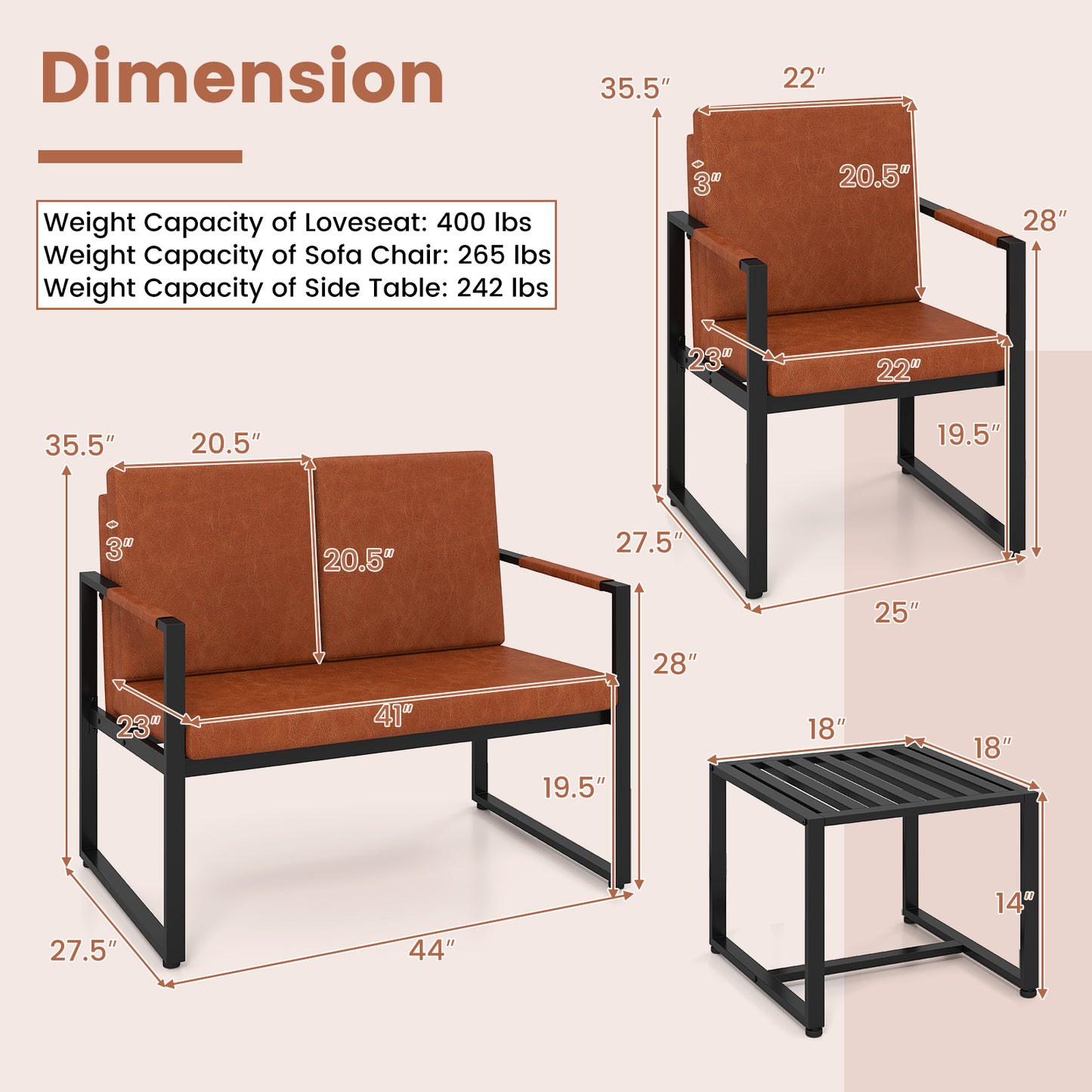Patiojoy Accent Chair Set of 2 Mid Century Modern Single Sofa Chairs with PU upholstered Cushions Brown
