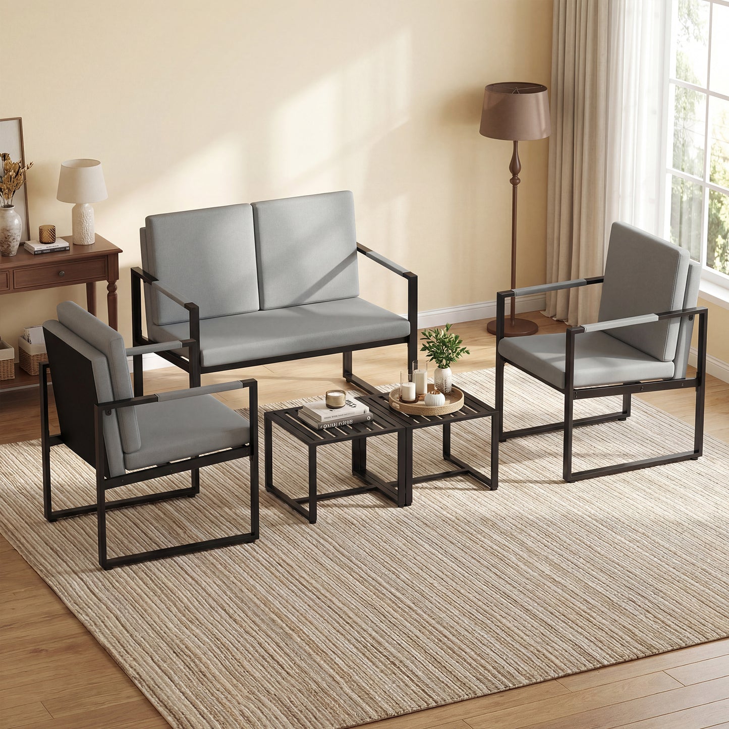 Patiojoy Accent Chair Set of 2 Mid Century Modern Single Sofa Chairs with PU upholstered Cushions Grey