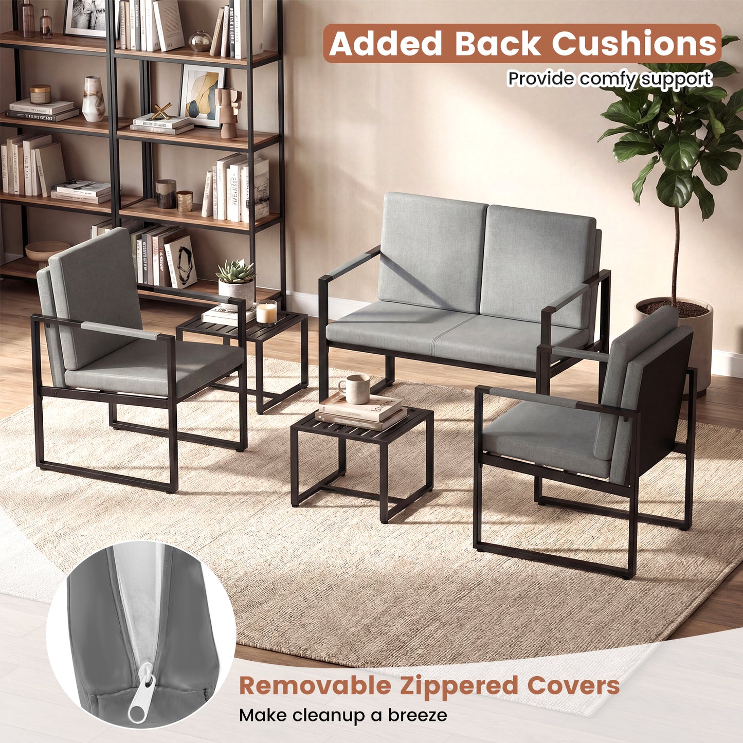 Patiojoy Accent Chair Set of 2 Mid Century Modern Single Sofa Chairs with PU upholstered Cushions Grey