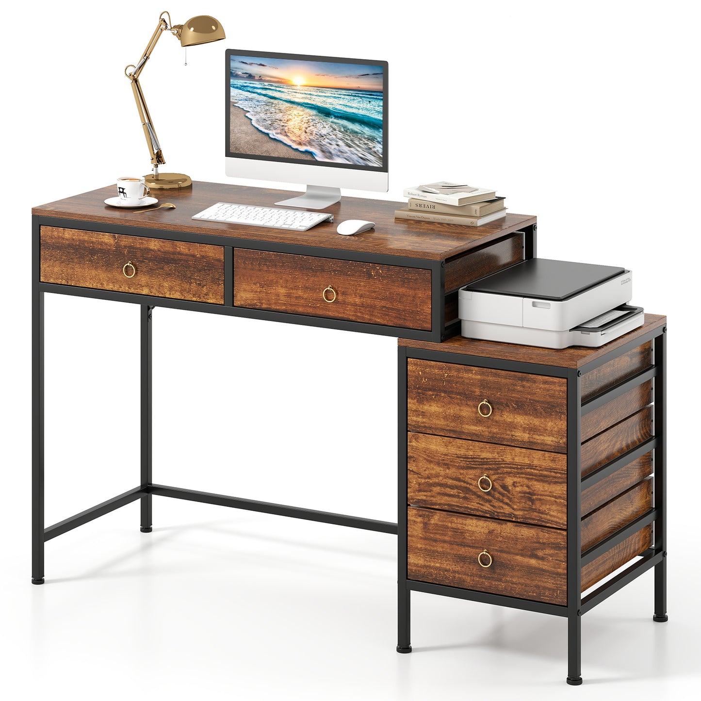 Patiojoy Computer Desk with 5 Drawers Home Office Desk with File Cabinet Printer Stand Rustic Brown/Grey