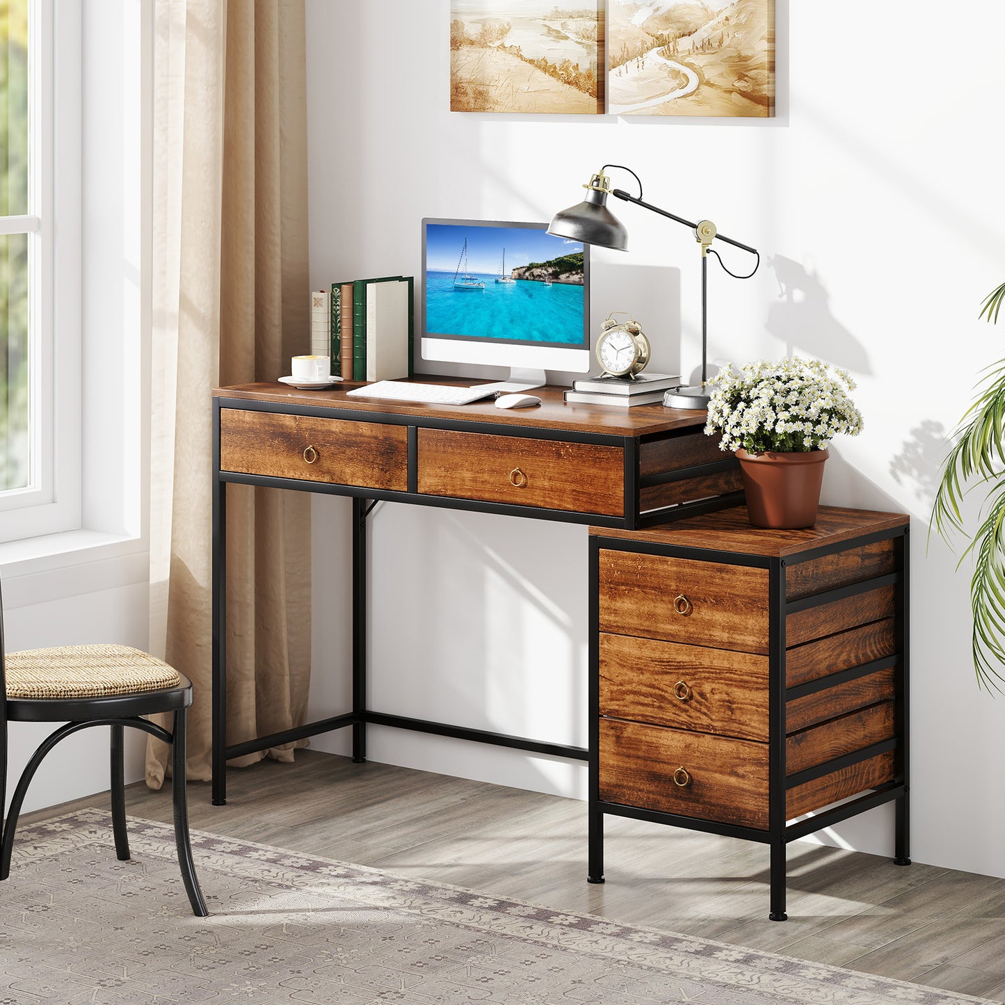 Patiojoy Computer Desk with 5 Drawers Home Office Desk with File Cabinet Printer Stand Rustic Brown/Grey