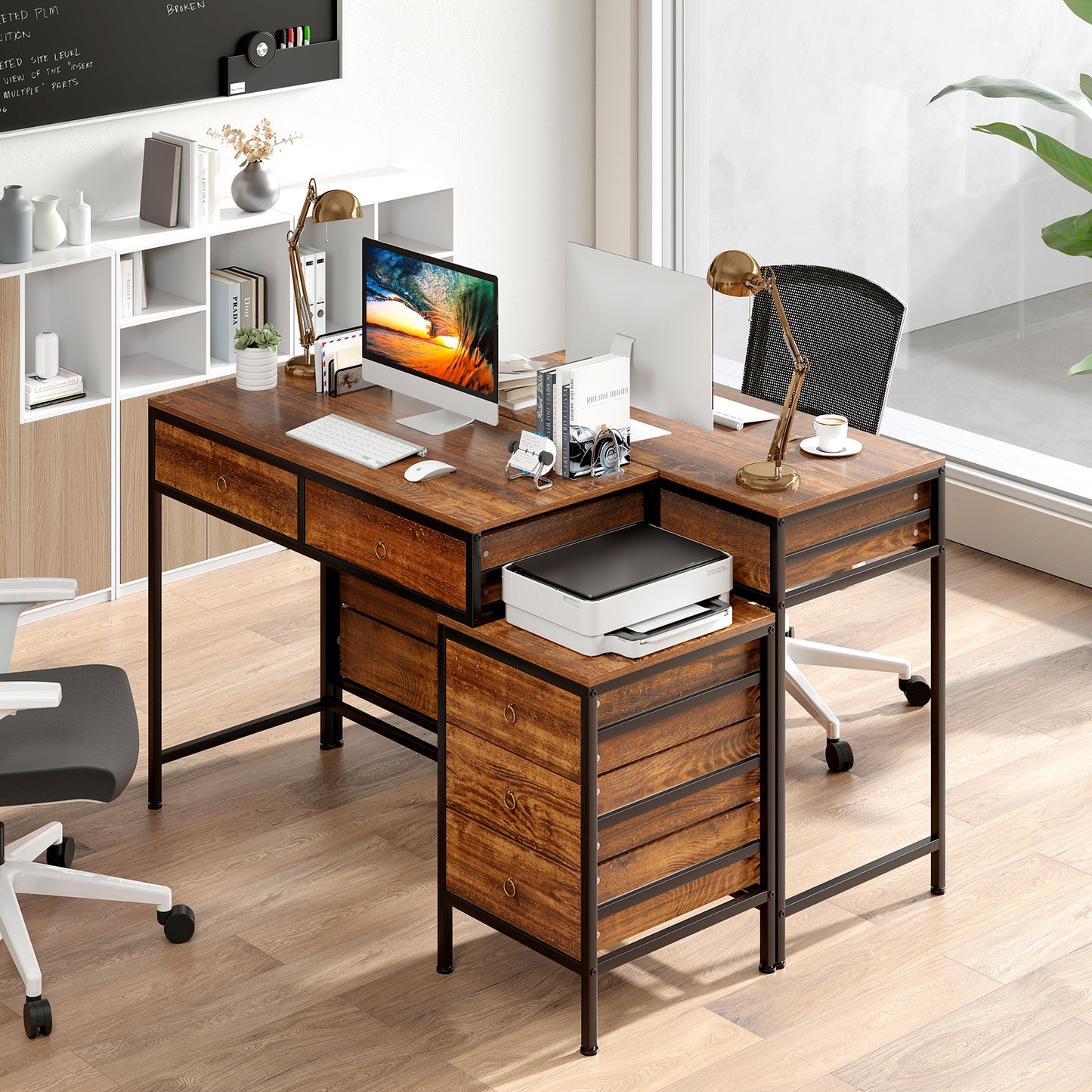 Patiojoy Computer Desk with 5 Drawers Home Office Desk with File Cabinet Printer Stand Rustic Brown/Grey