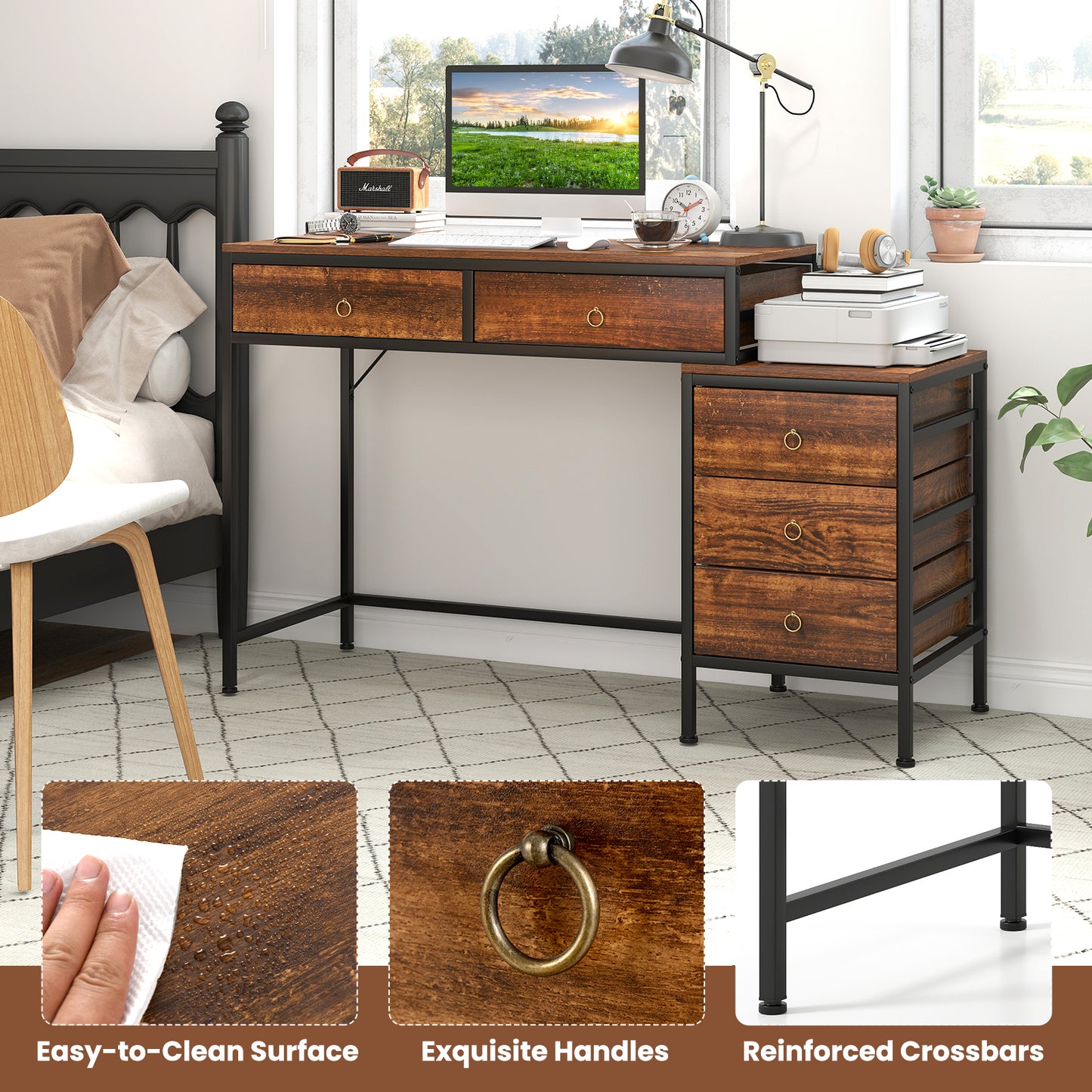 Patiojoy Computer Desk with 5 Drawers Home Office Desk with File Cabinet Printer Stand Rustic Brown/Grey