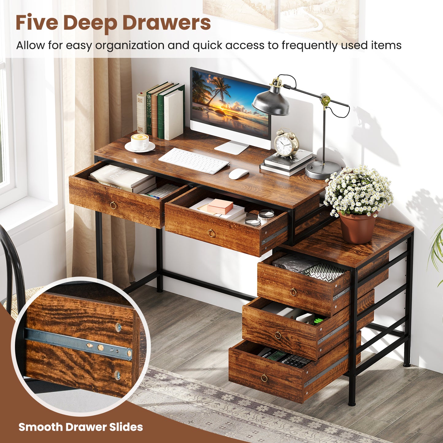 Patiojoy Computer Desk with 5 Drawers Home Office Desk with File Cabinet Printer Stand Rustic Brown/Grey