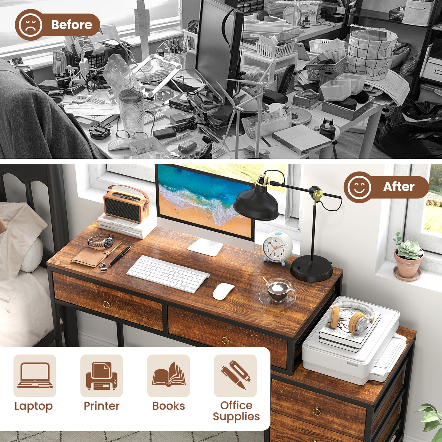 Patiojoy Computer Desk with 5 Drawers Home Office Desk with File Cabinet Printer Stand Rustic Brown/Grey
