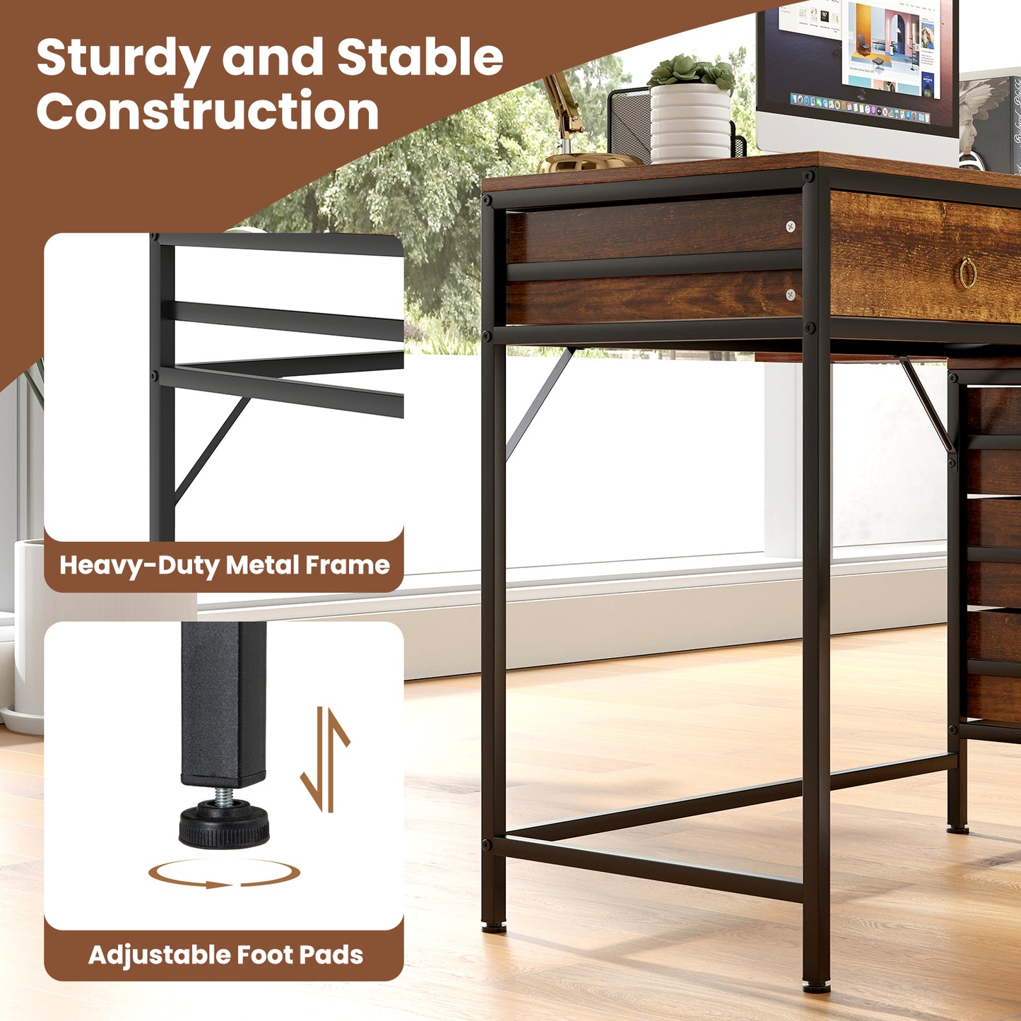 Patiojoy Computer Desk with 5 Drawers Home Office Desk with File Cabinet Printer Stand Rustic Brown/Grey