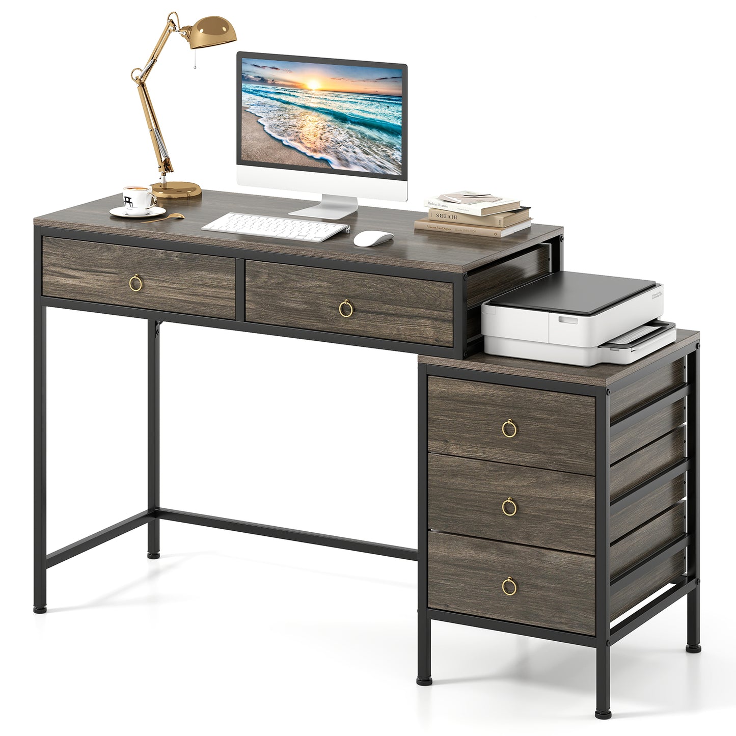 Patiojoy Computer Desk with 5 Drawers Home Office Desk with File Cabinet Printer Stand Rustic Brown/Grey