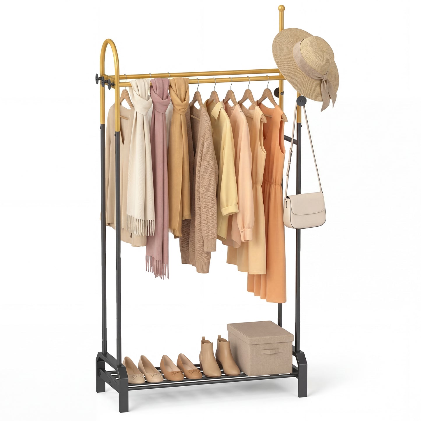 Patiojoy Metal Clothing Rack Freestanding Garment Rack with Double Hanging Rods 5 Hooks & Bottom Shoe Rack