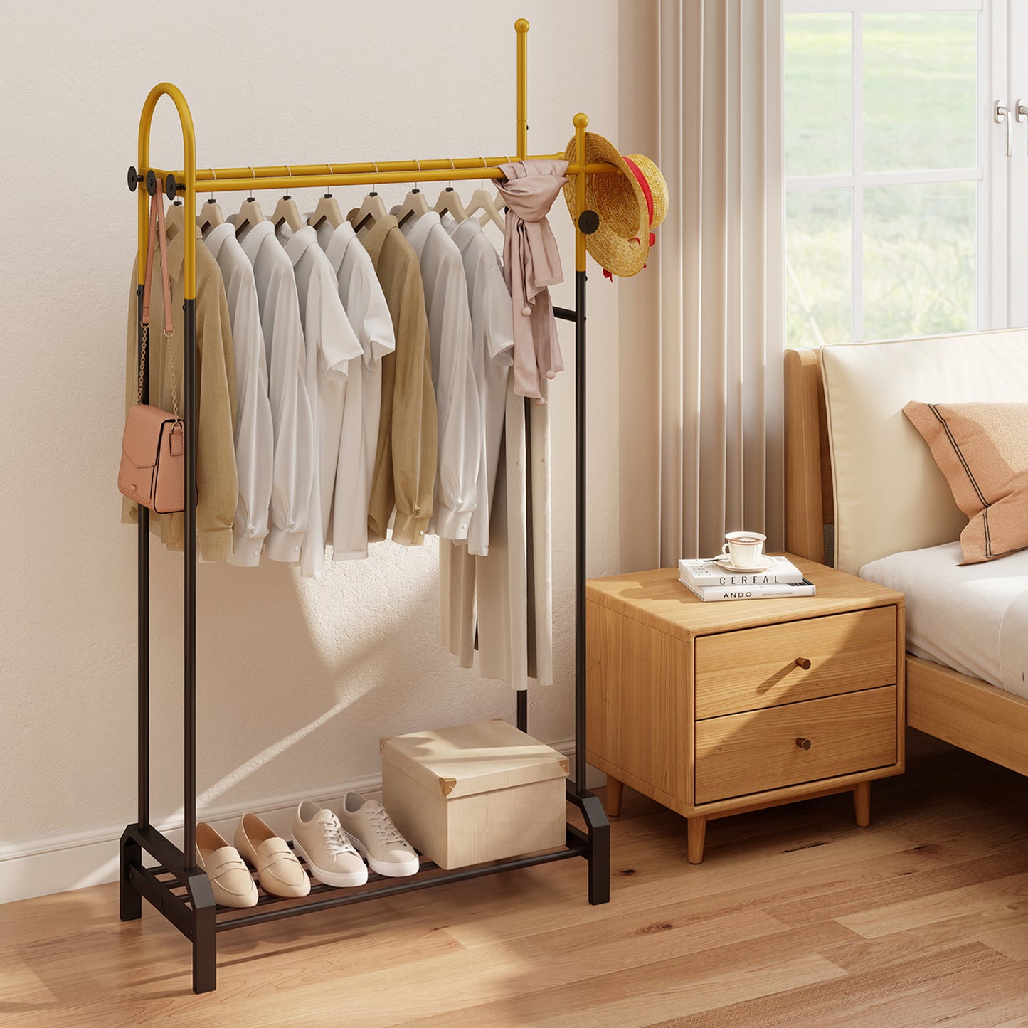 Patiojoy Metal Clothing Rack Freestanding Garment Rack with Double Hanging Rods 5 Hooks & Bottom Shoe Rack
