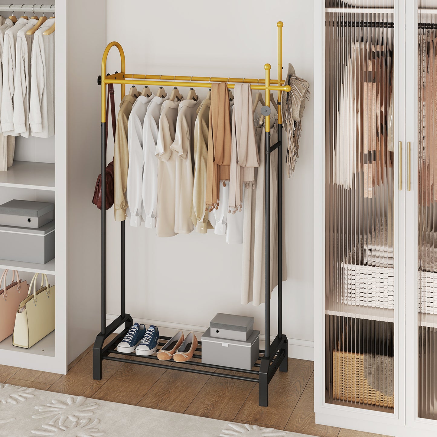 Patiojoy Metal Clothing Rack Freestanding Garment Rack with Double Hanging Rods 5 Hooks & Bottom Shoe Rack