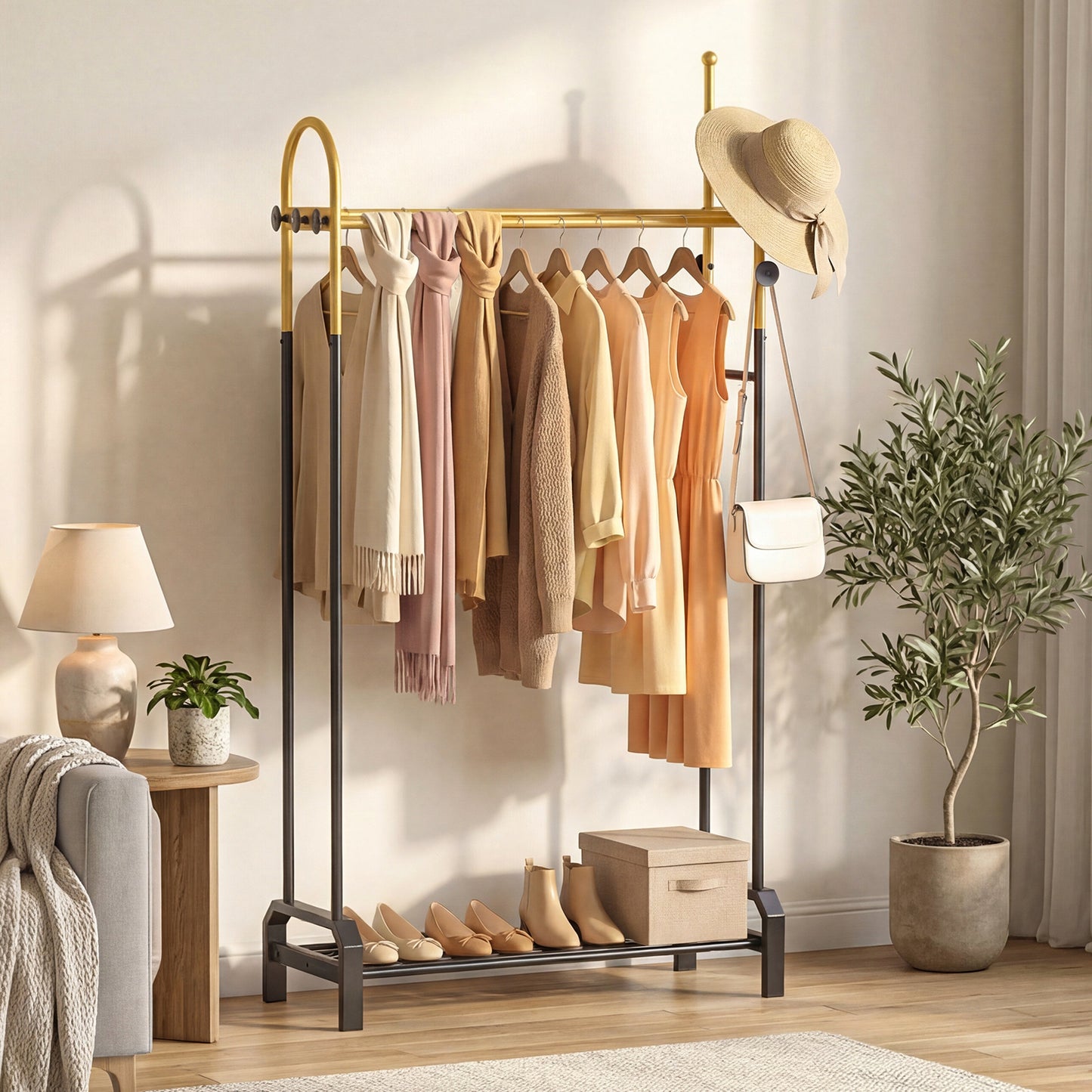 Patiojoy Metal Clothing Rack Freestanding Garment Rack with Double Hanging Rods 5 Hooks & Bottom Shoe Rack