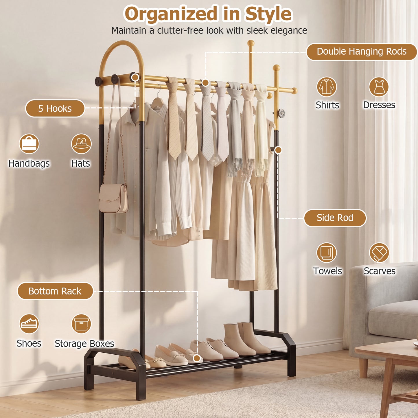 Patiojoy Metal Clothing Rack Freestanding Garment Rack with Double Hanging Rods 5 Hooks & Bottom Shoe Rack