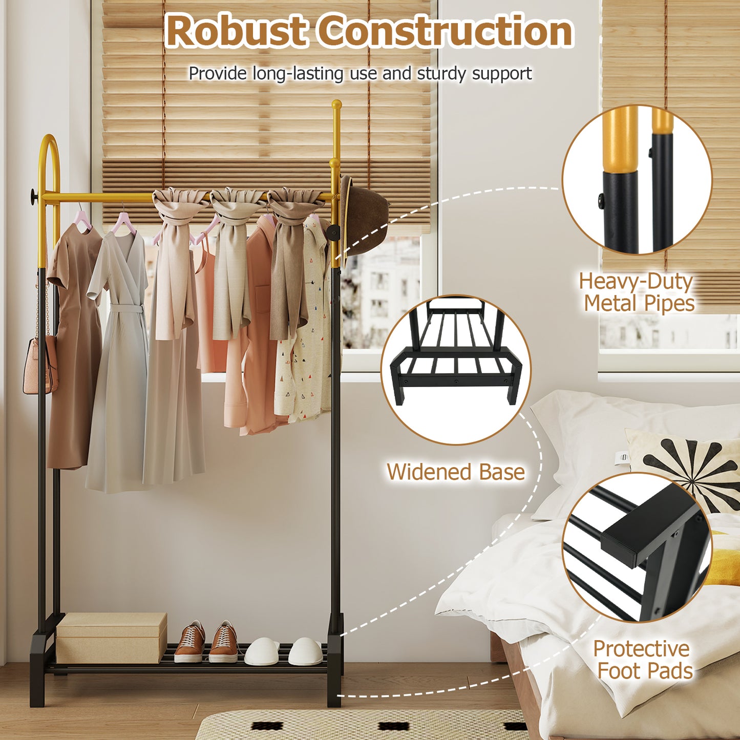Patiojoy Metal Clothing Rack Freestanding Garment Rack with Double Hanging Rods 5 Hooks & Bottom Shoe Rack