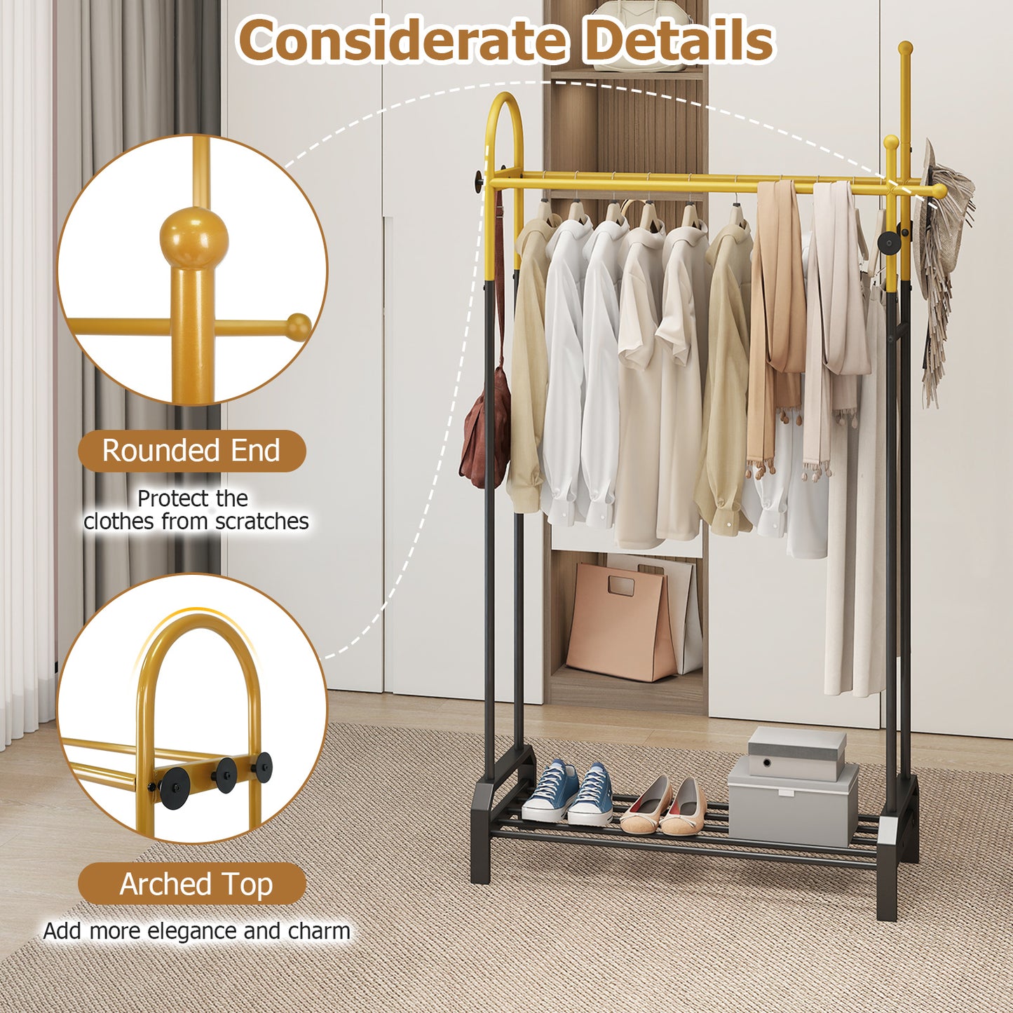 Patiojoy Metal Clothing Rack Freestanding Garment Rack with Double Hanging Rods 5 Hooks & Bottom Shoe Rack