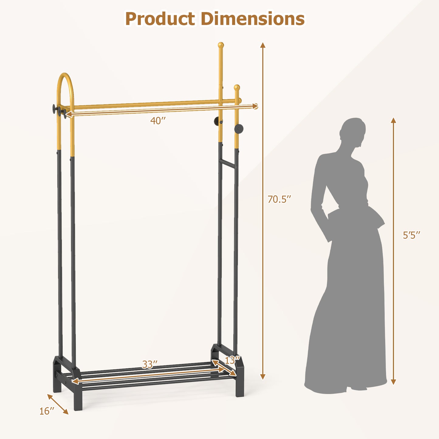Patiojoy Metal Clothing Rack Freestanding Garment Rack with Double Hanging Rods 5 Hooks & Bottom Shoe Rack