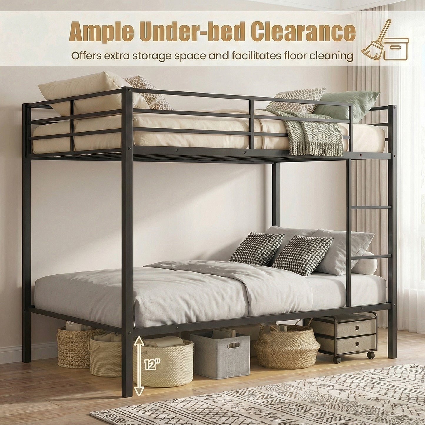 Patiojoy Full Over Full Metal Bunk Bed Heavy-Duty Modern Bunk Bed with Full-Length Guardrails and Built-In Ladder