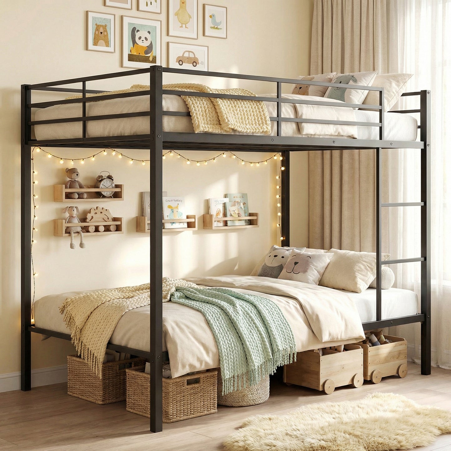 Patiojoy Full Over Full Metal Bunk Bed Heavy-Duty Modern Bunk Bed with Full-Length Guardrails and Built-In Ladder