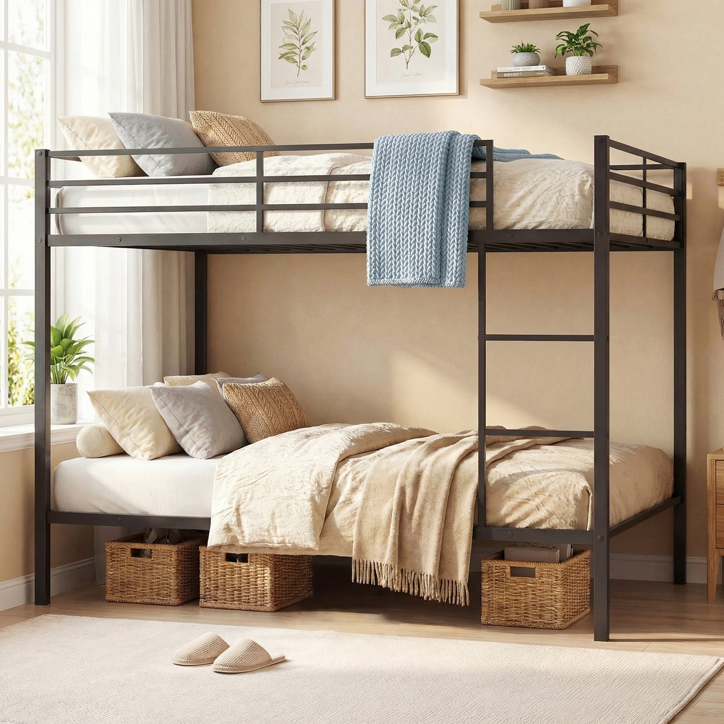 Patiojoy Full Over Full Metal Bunk Bed Heavy-Duty Modern Bunk Bed with Full-Length Guardrails and Built-In Ladder