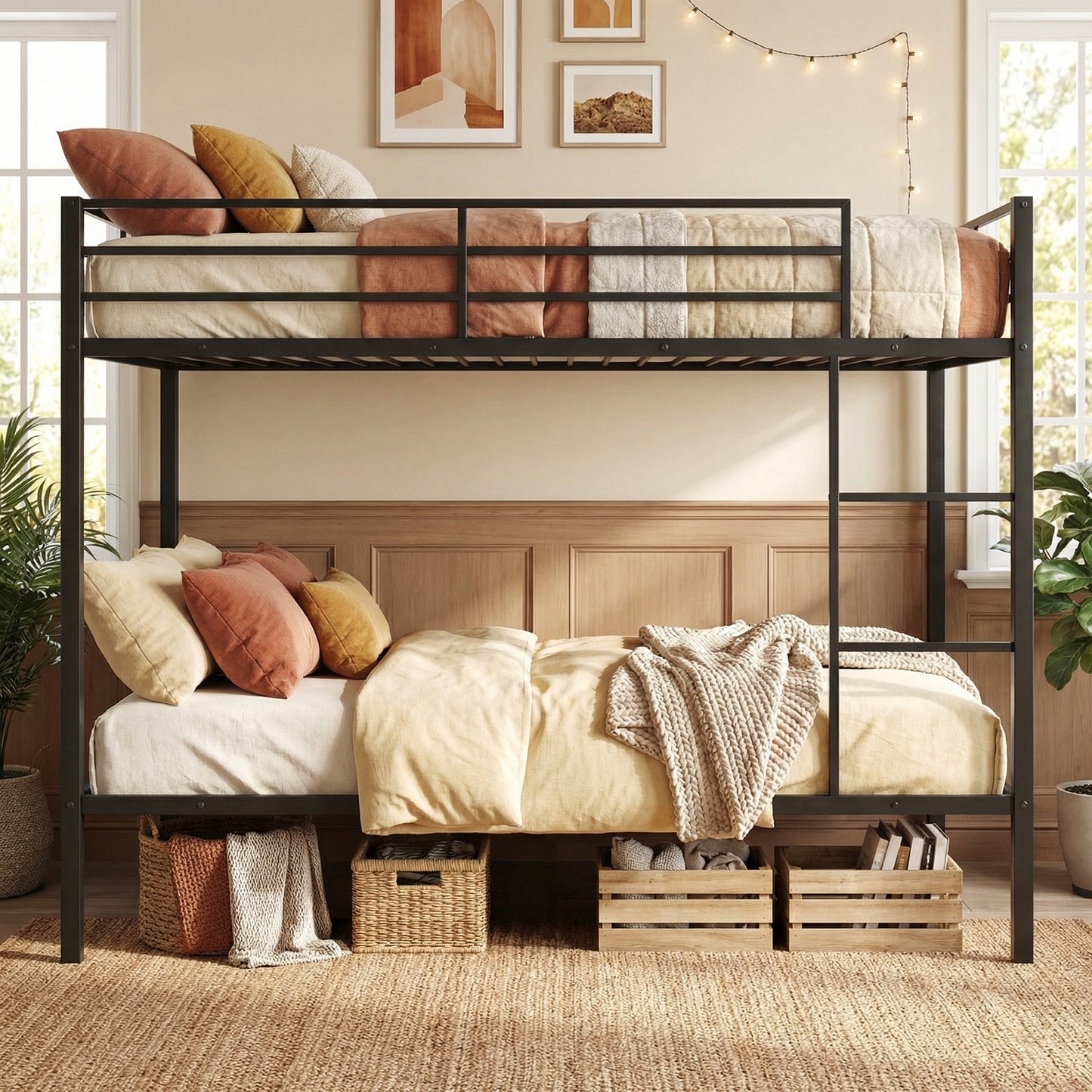 Patiojoy Full Over Full Metal Bunk Bed Heavy-Duty Modern Bunk Bed with Full-Length Guardrails and Built-In Ladder