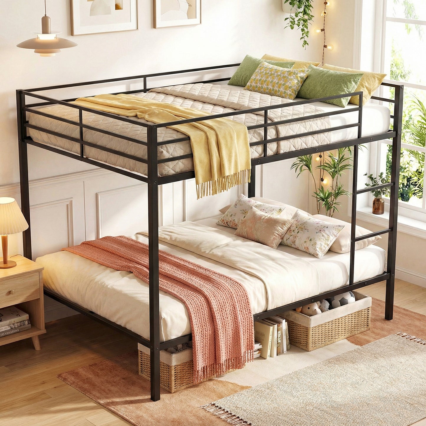 Patiojoy Full Over Full Metal Bunk Bed Heavy-Duty Modern Bunk Bed with Full-Length Guardrails and Built-In Ladder