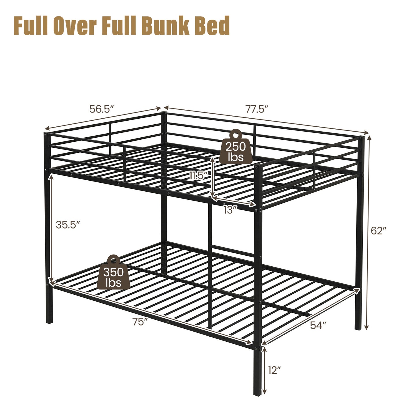 Patiojoy Full Over Full Metal Bunk Bed Heavy-Duty Modern Bunk Bed with Full-Length Guardrails and Built-In Ladder