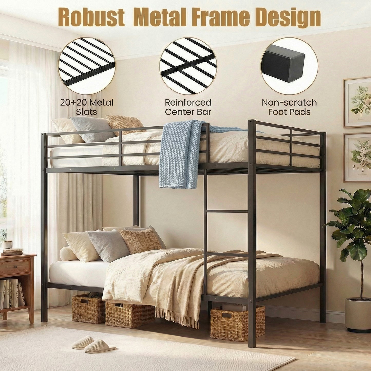 Patiojoy Full Over Full Metal Bunk Bed Heavy-Duty Modern Bunk Bed with Full-Length Guardrails and Built-In Ladder