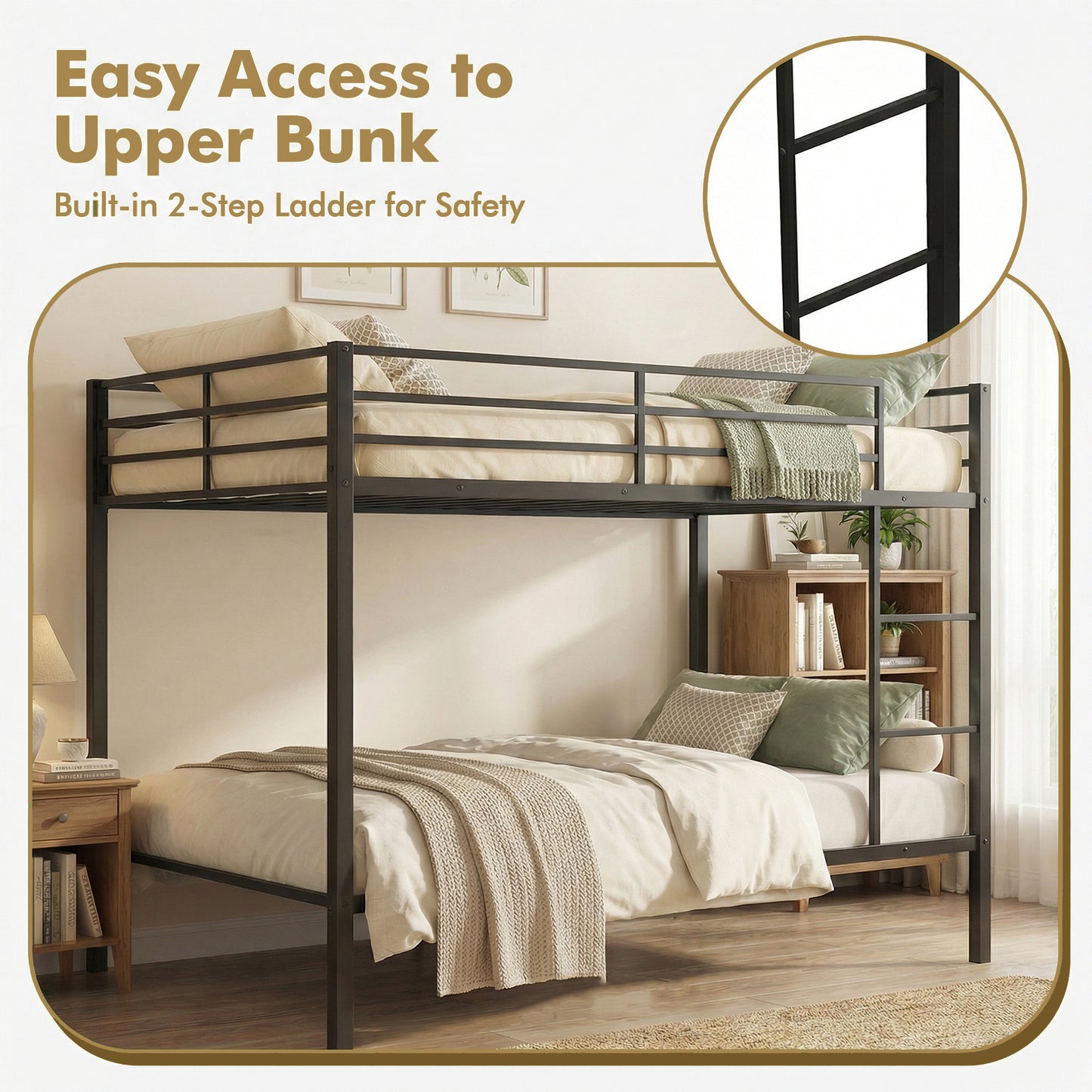 Patiojoy Full Over Full Metal Bunk Bed Heavy-Duty Modern Bunk Bed with Full-Length Guardrails and Built-In Ladder
