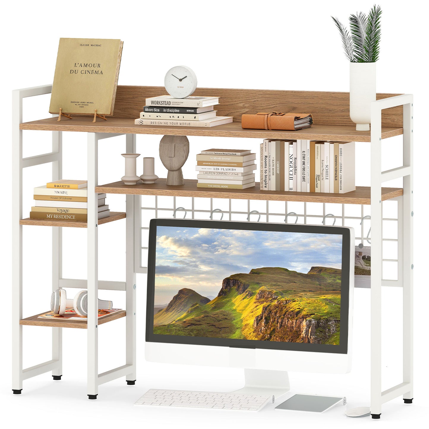Topbuy Desk Shelf w/ Storage Grid, Multipurpose Countertop Hutch for up to 32" Computer Monitors  Rustic Brown/Black/Natural