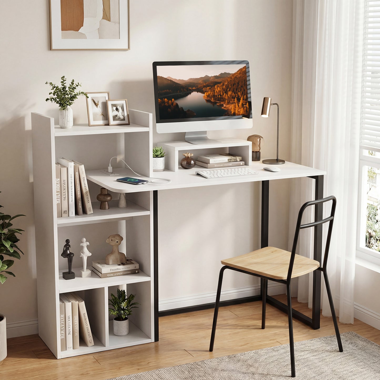 Patiojoy Computer Desk with Power Outlets 43.5" Gaming Writing Desk with Monitor Stand for Home Office and Study Room