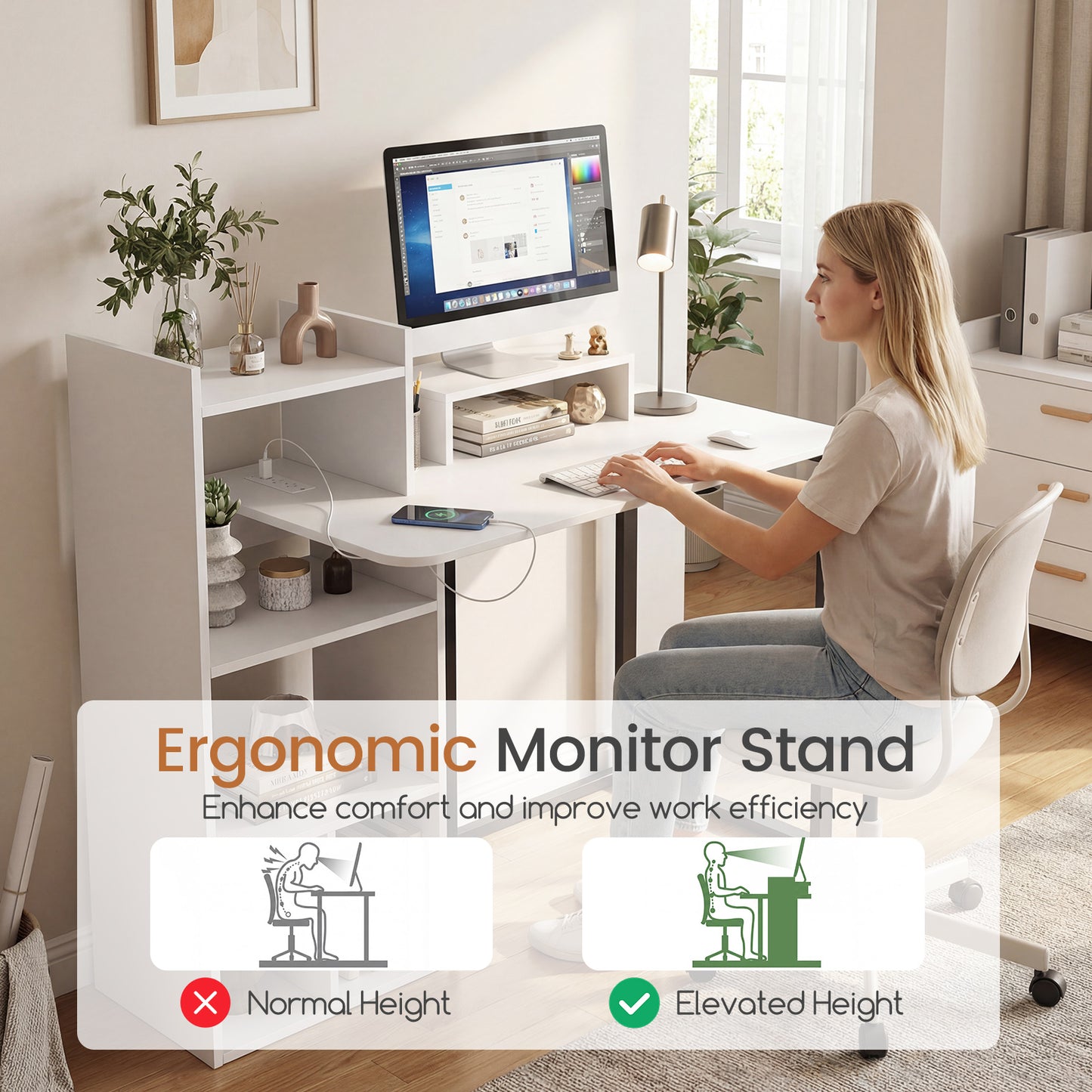 Patiojoy Computer Desk with Power Outlets 43.5" Gaming Writing Desk with Monitor Stand for Home Office and Study Room