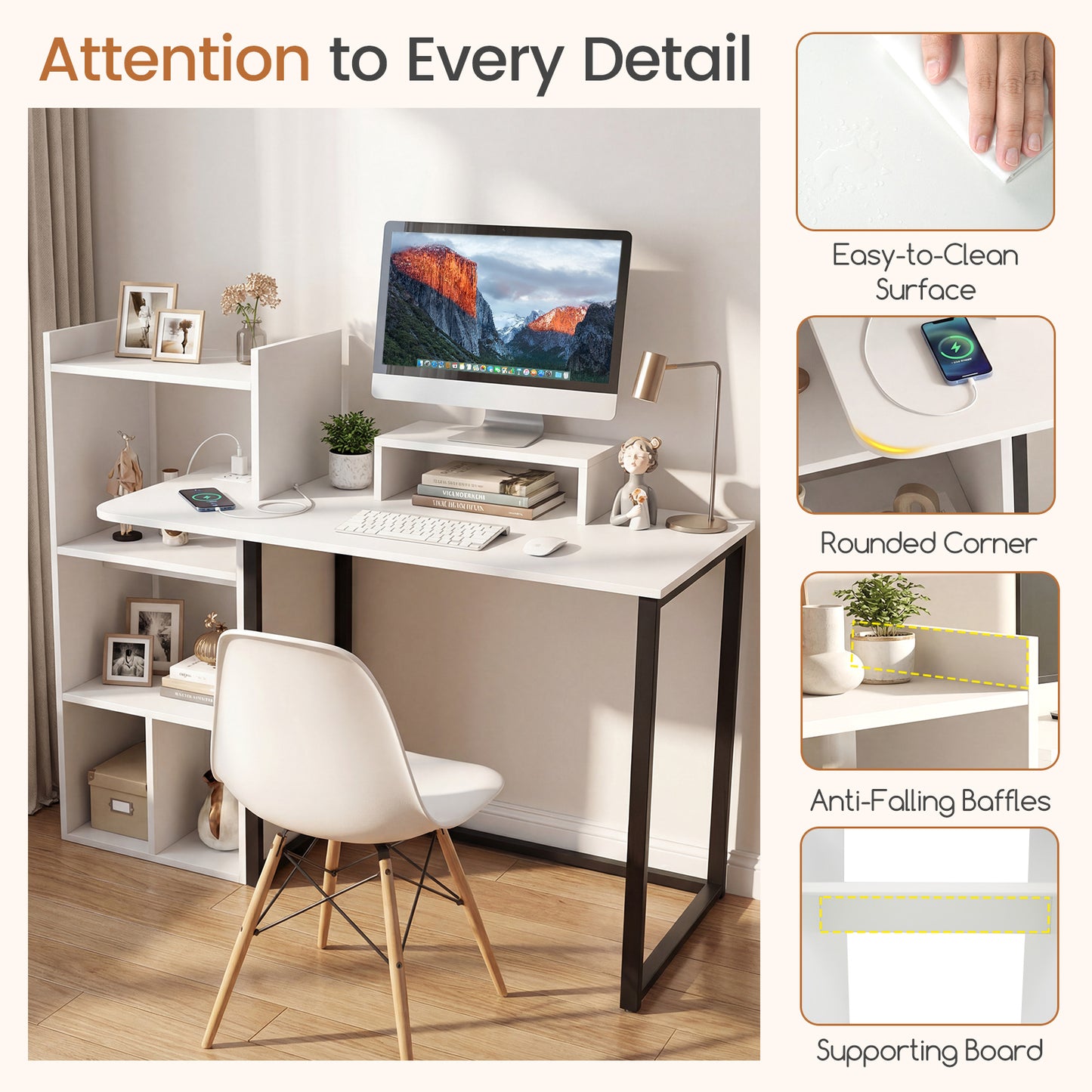 Patiojoy Computer Desk with Power Outlets 43.5" Gaming Writing Desk with Monitor Stand for Home Office and Study Room
