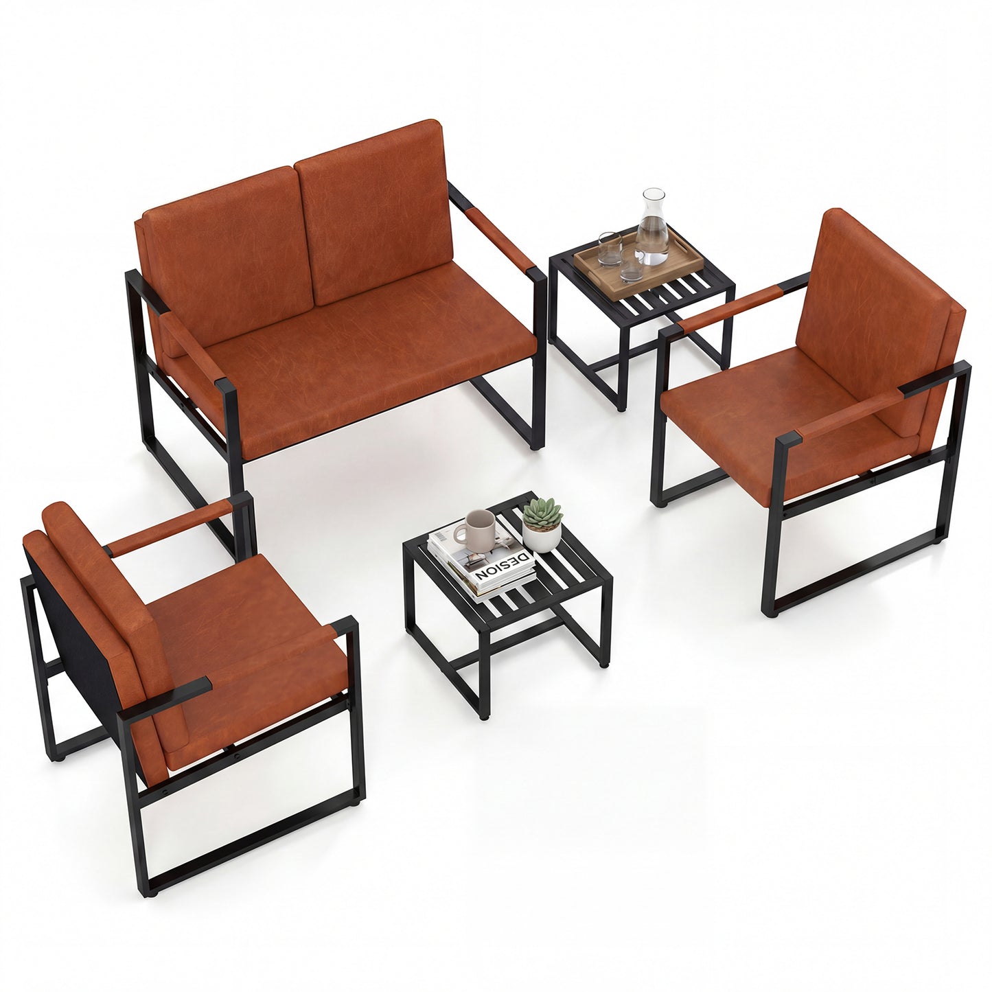 Patiojoy Faux Leather Living Room Sofa Set 5 Piece Living Room Furniture Set Includes 2-Seater Loveseat 2 Accent Chairs & 2 Coffee Tables Brown/Grey