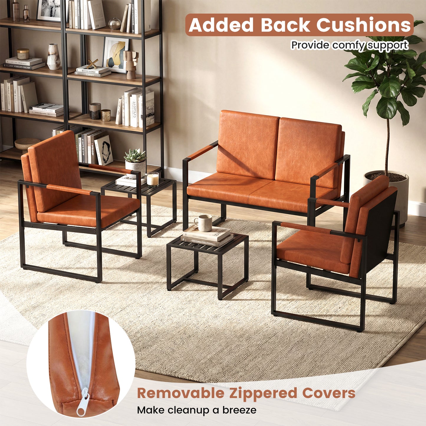 Patiojoy Faux Leather Living Room Sofa Set 5 Piece Living Room Furniture Set Includes 2-Seater Loveseat 2 Accent Chairs & 2 Coffee Tables Brown/Grey