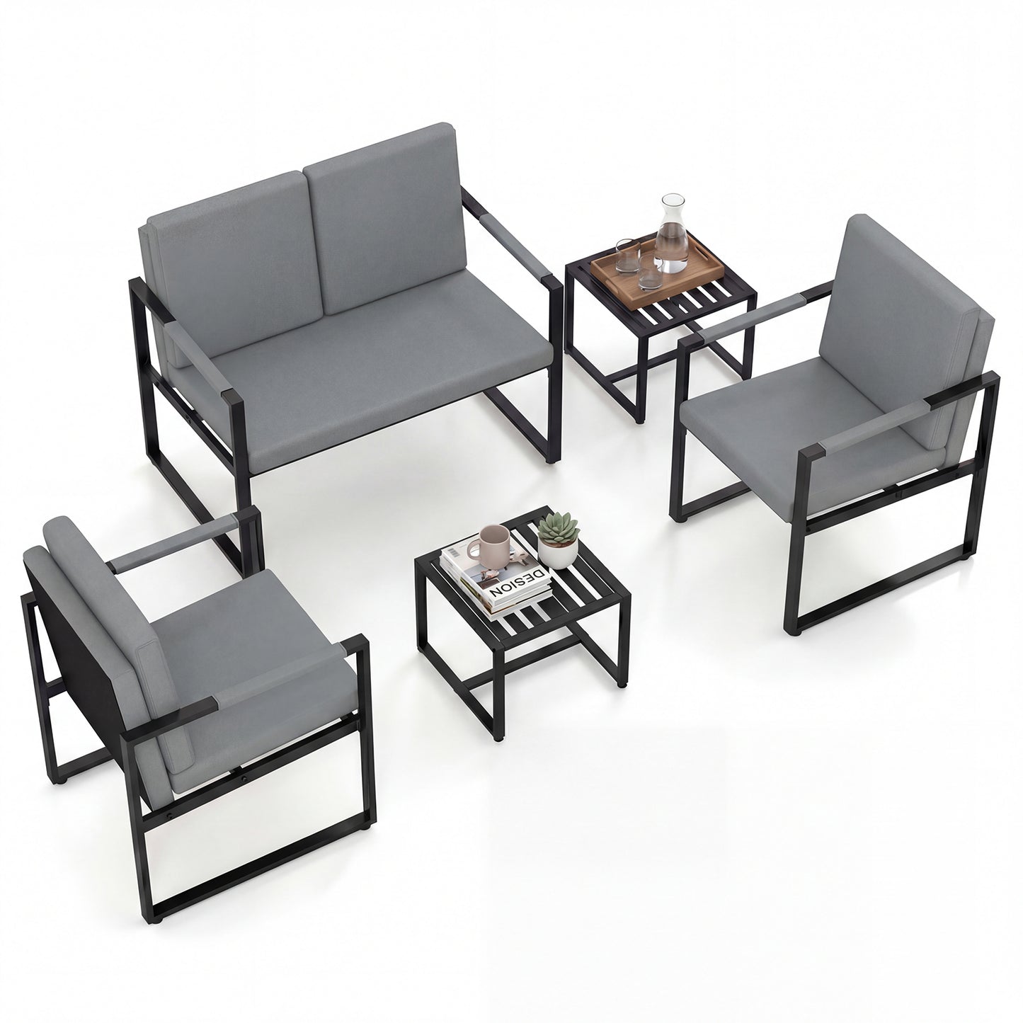 Patiojoy Faux Leather Living Room Sofa Set 5 Piece Living Room Furniture Set Includes 2-Seater Loveseat 2 Accent Chairs & 2 Coffee Tables Brown/Grey