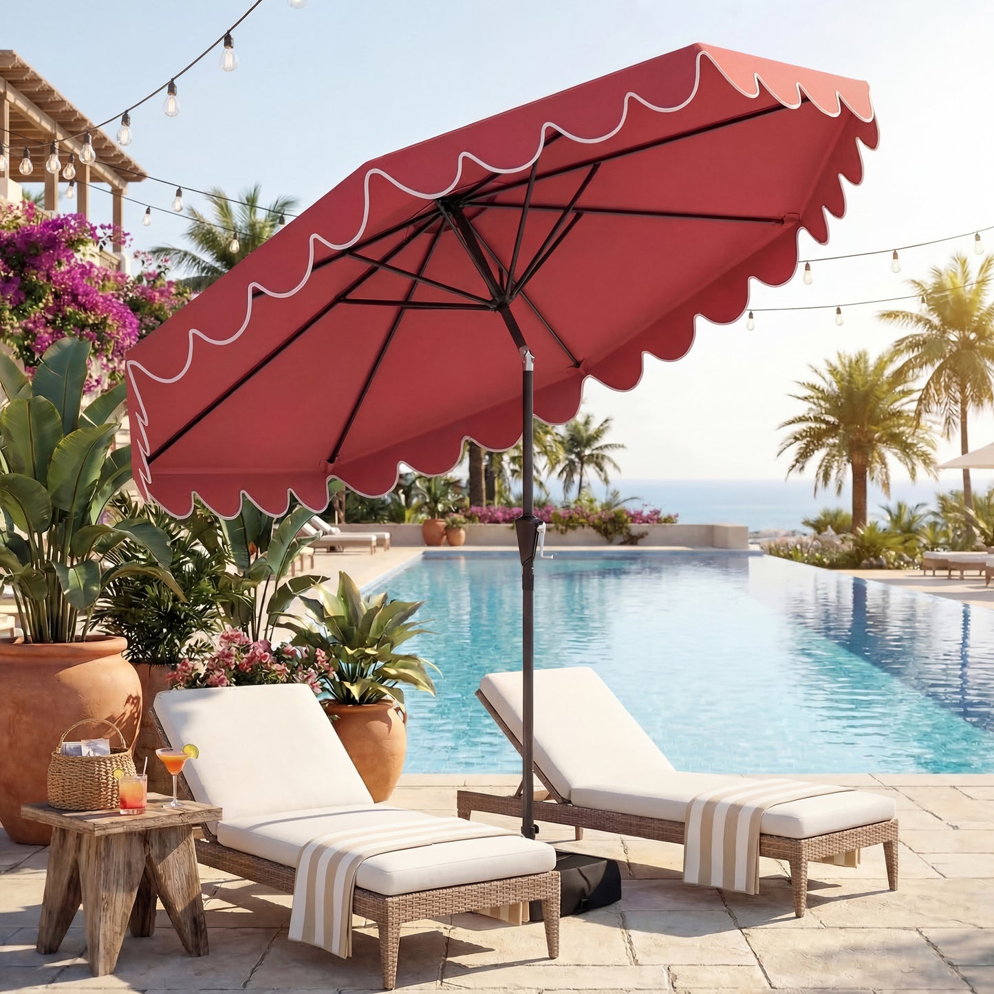 Patiojoy 10 FT Patio Umbrella with Weighted Base Included Outdoor Market Umbrella with Push Button Tilt & Crank Wine Red/Beige/Brown/Gray/Turquoise